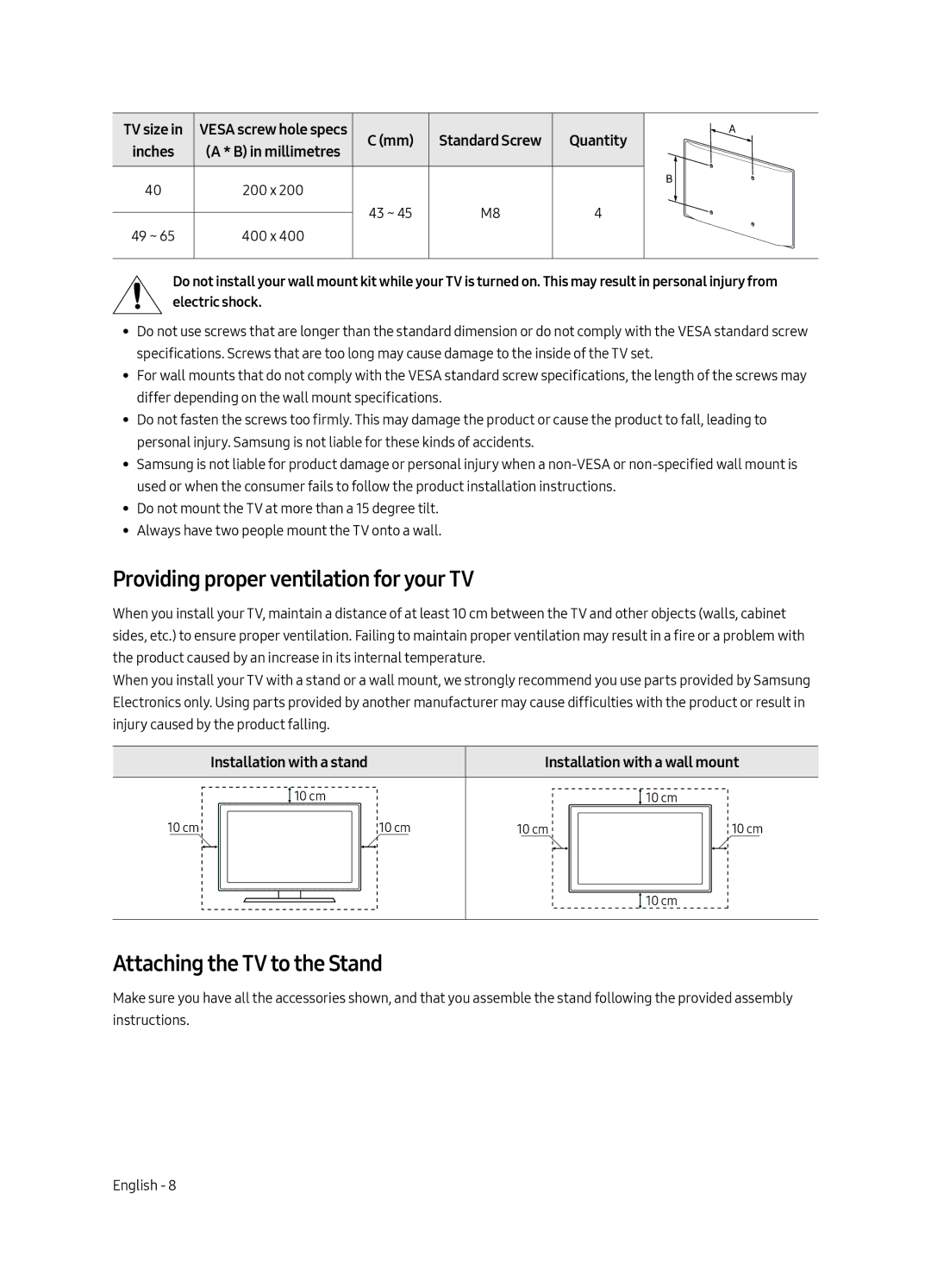 Samsung UE55MU6400UXRU manual Providing proper ventilation for your TV, Attaching the TV to the Stand, Mm Standard Screw 