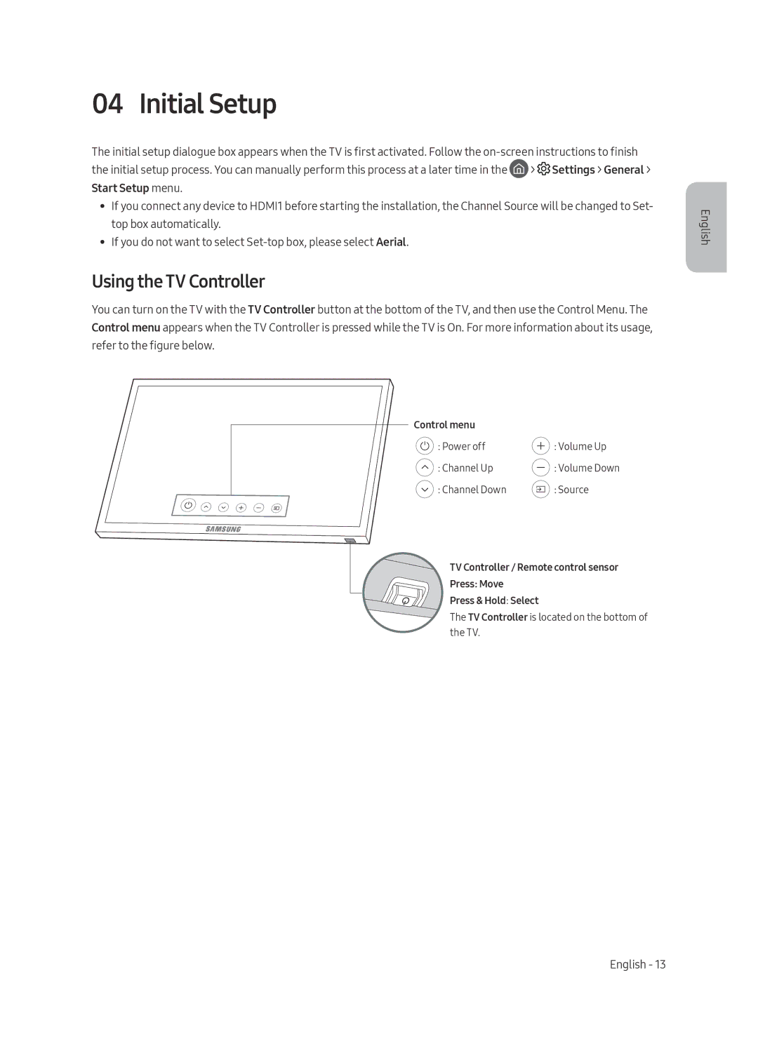 Samsung UE65MU6400UXRU, UE40MU6400UXRU, UE49MU6400UXRU, UE55MU6400UXRU manual Initial Setup, Using the TV Controller 