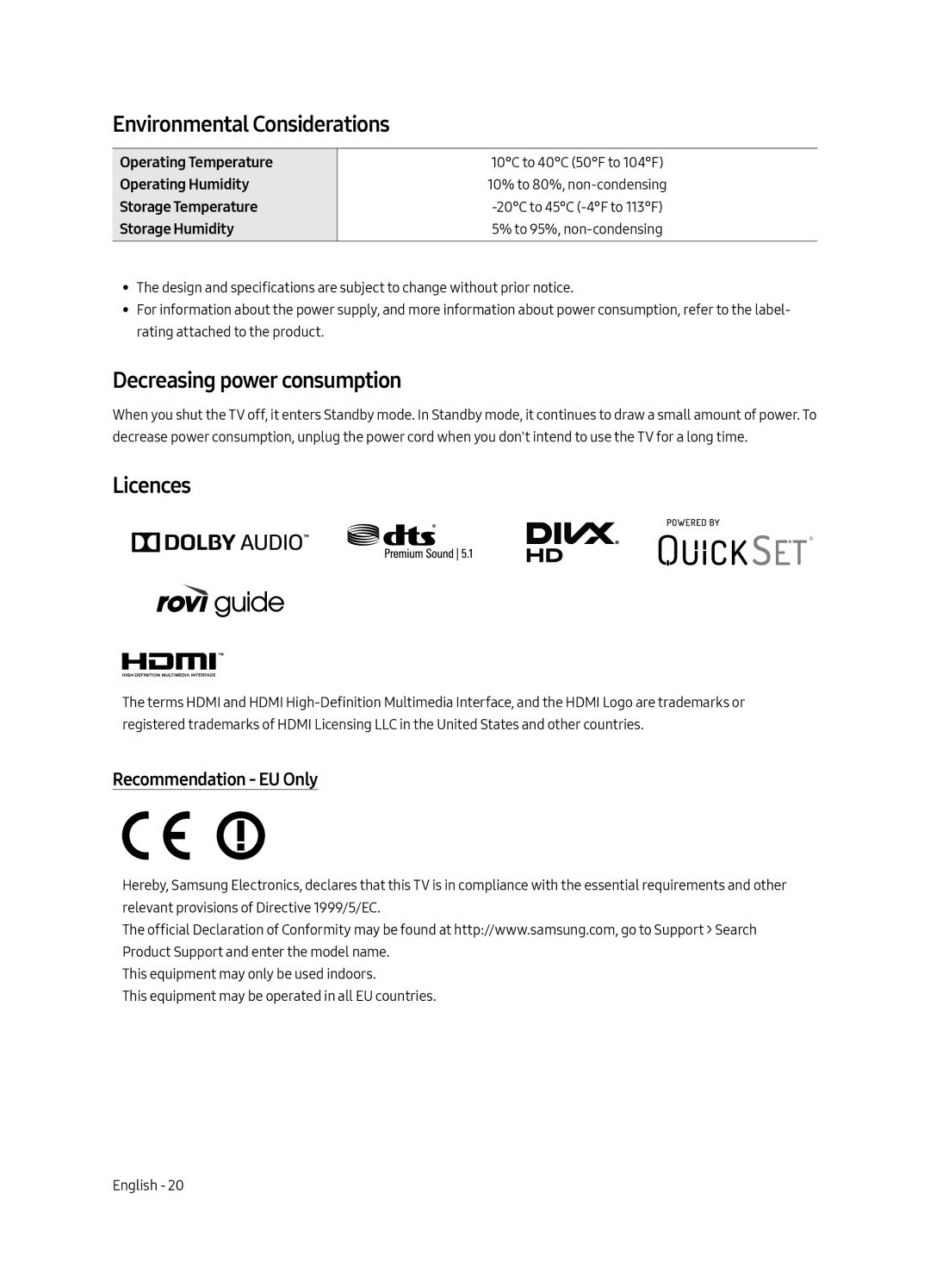 Samsung UE55MU6400UXRU manual Environmental Considerations, Decreasing power consumption, Licences, Recommendation EU Only 