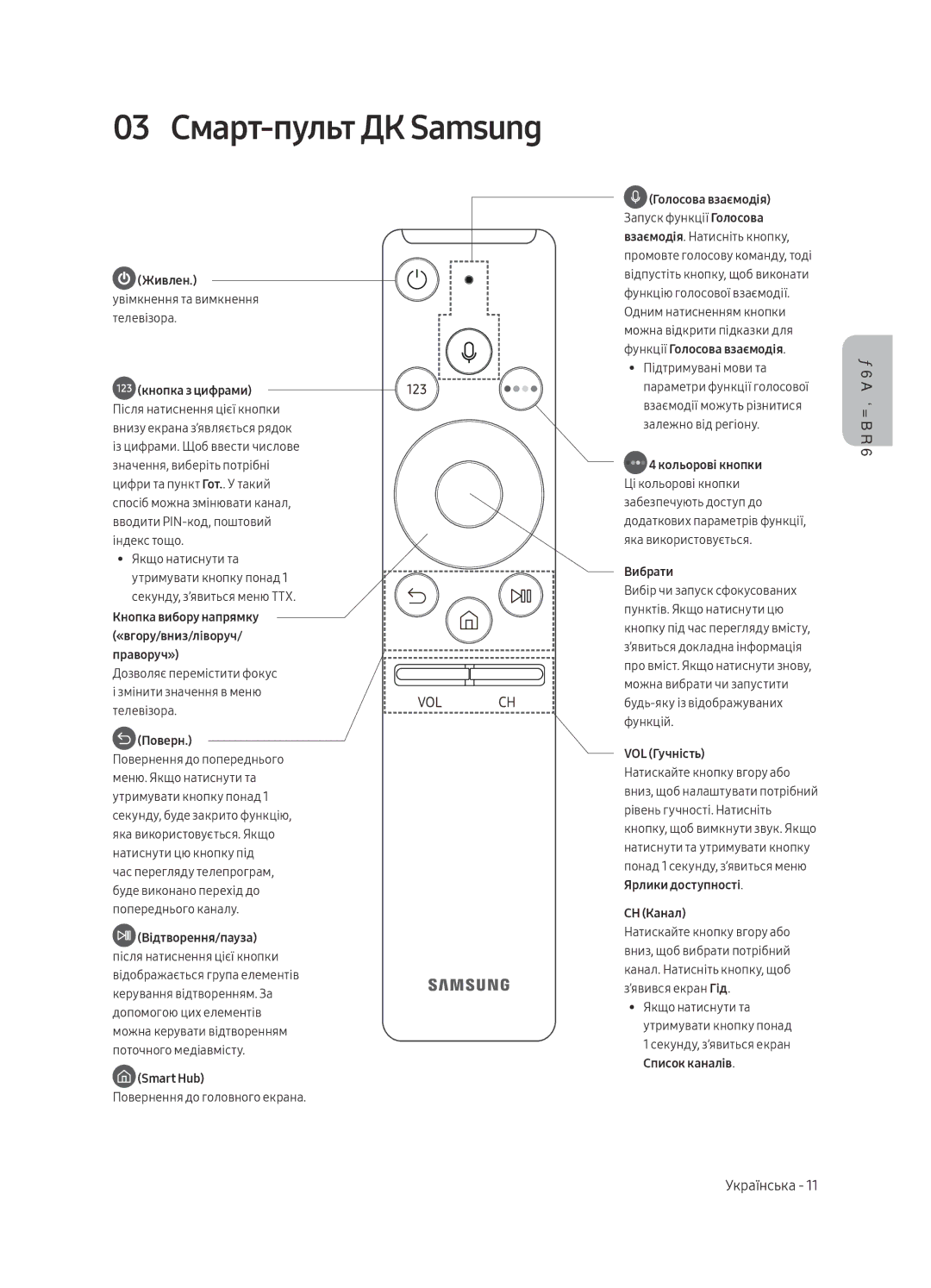 Samsung UE65MU6400UXRU, UE40MU6400UXRU manual 03 Смарт-пульт ДК Samsung, Живлен. увімкнення та вимкнення телевізора 