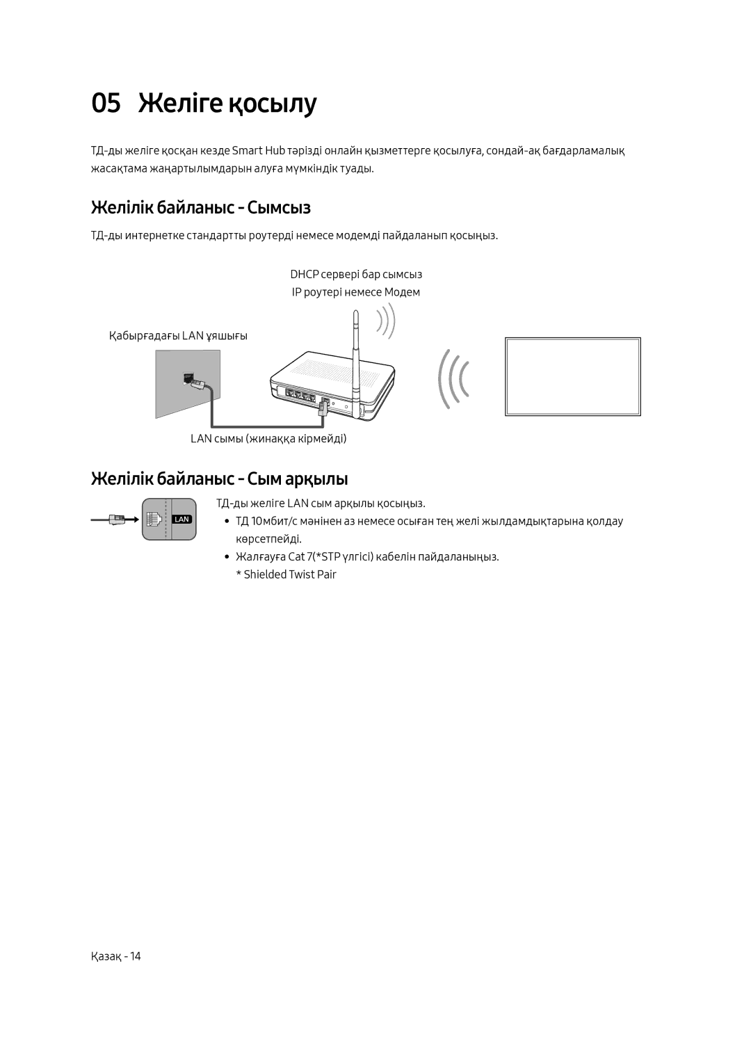 Samsung UE40MU6400UXRU, UE49MU6400UXRU manual 05 Желіге қосылу, Желілік байланыс Сымсыз, Желілік байланыс Сым арқылы 