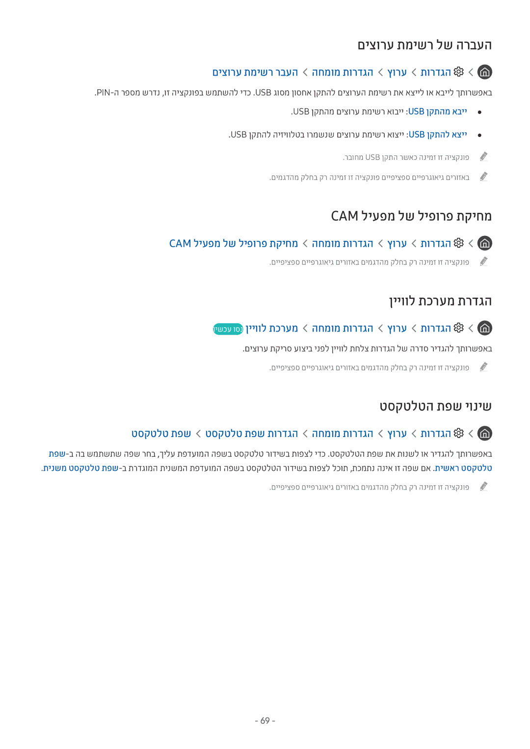 Samsung UE55MU6402UXXH manual םיצורע תמישר לש הרבעה, Cam ליעפמ לש ליפורפ תקיחמ, ןייוול תכרעמ תרדגה, טסקטלטה תפש יוניש 