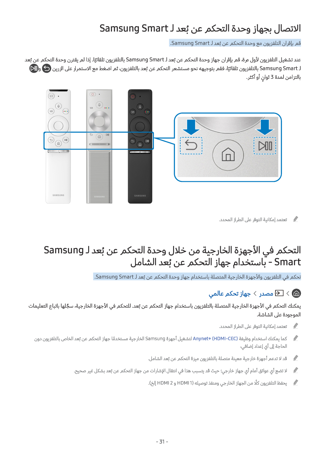 Samsung UE65MU9002TXXH, UE40MU6402UXXH manual Samsung Smart ـل دعبُنع مكحتلا ةدحو زاهجب لاصتلاا, يملاع مكحت زاهج ردصم 
