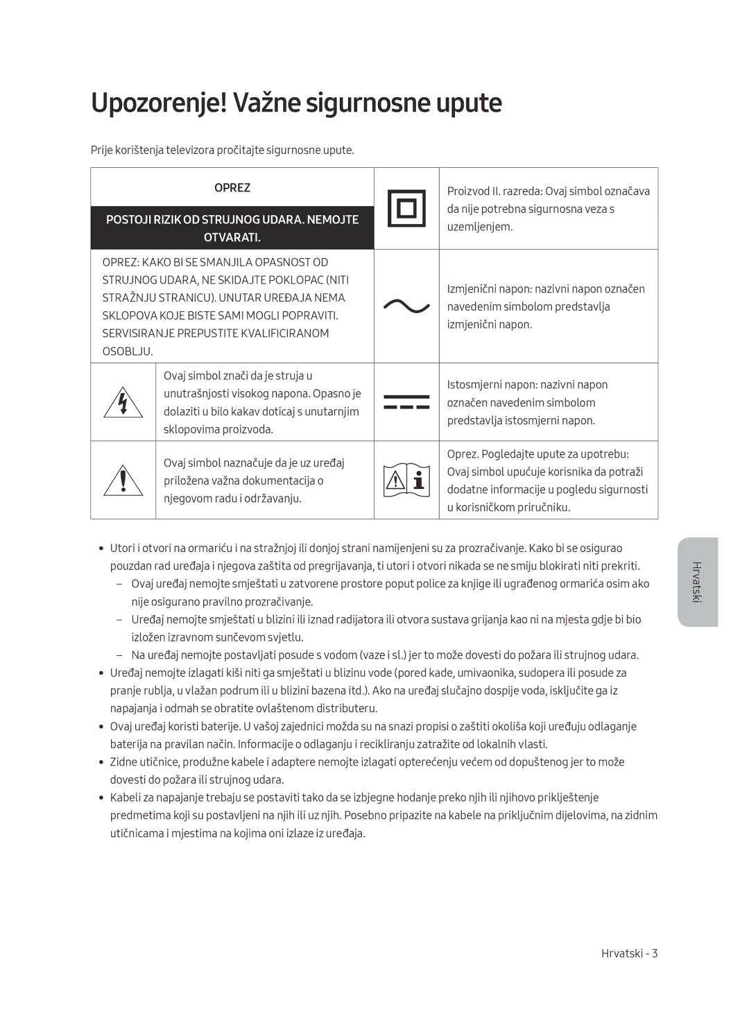 Samsung UE49MU6402UXXH, UE40MU6402UXXH, UE65MU6402UXXH, UE55MU6402UXXH manual Upozorenje! Važne sigurnosne upute, Oprez 