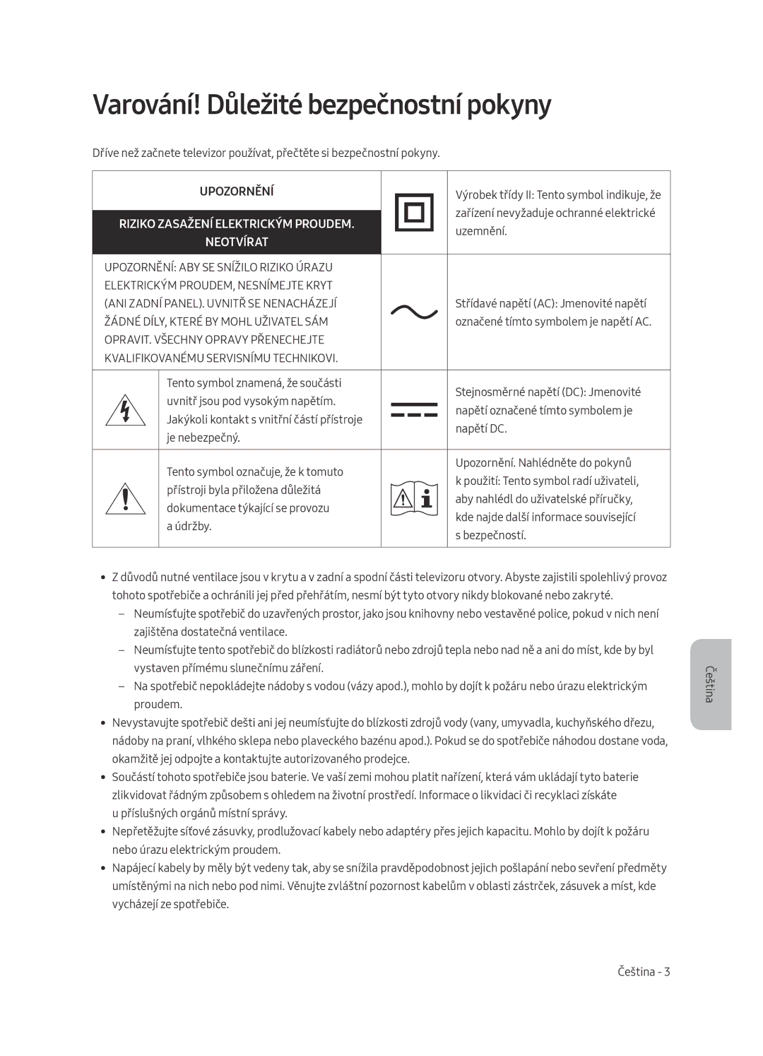 Samsung UE49MU6402UXXH, UE40MU6402UXXH manual Varování! Důležité bezpečnostní pokyny, Riziko Zasažení Elektrickým Proudem 