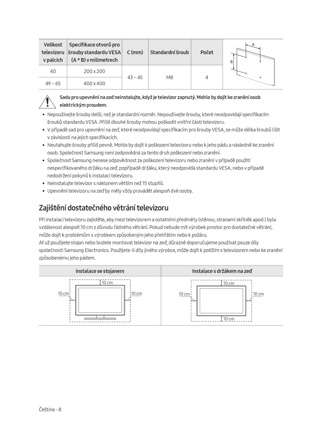 Samsung UE40MU6402UXXH, UE65MU6402UXXH manual Zajištění dostatečného větrání televizoru, Velikost, Palcích V milimetrech 