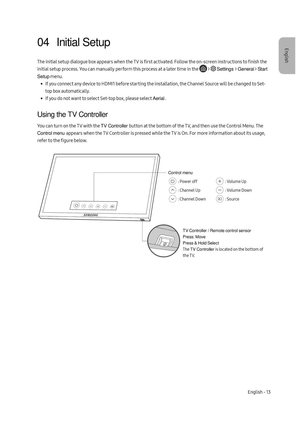 Samsung UE65MU6402UXXH, UE40MU6402UXXH, UE55MU6402UXXH, UE49MU6402UXXH manual Initial Setup, Using the TV Controller 