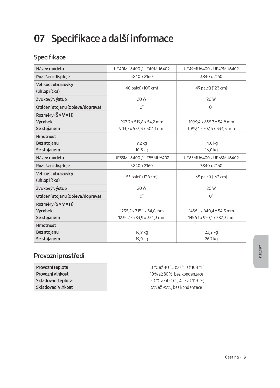 Samsung UE49MU6402UXXH, UE40MU6402UXXH, UE65MU6402UXXH, UE55MU6402UXXH Specifikace a další informace, Provozní prostředí 