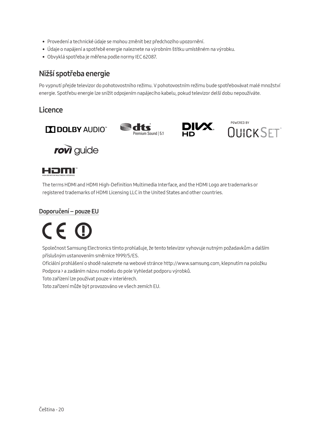 Samsung UE40MU6402UXXH, UE65MU6402UXXH, UE55MU6402UXXH, UE49MU6402UXXH manual Nižší spotřeba energie, Doporučení pouze EU 