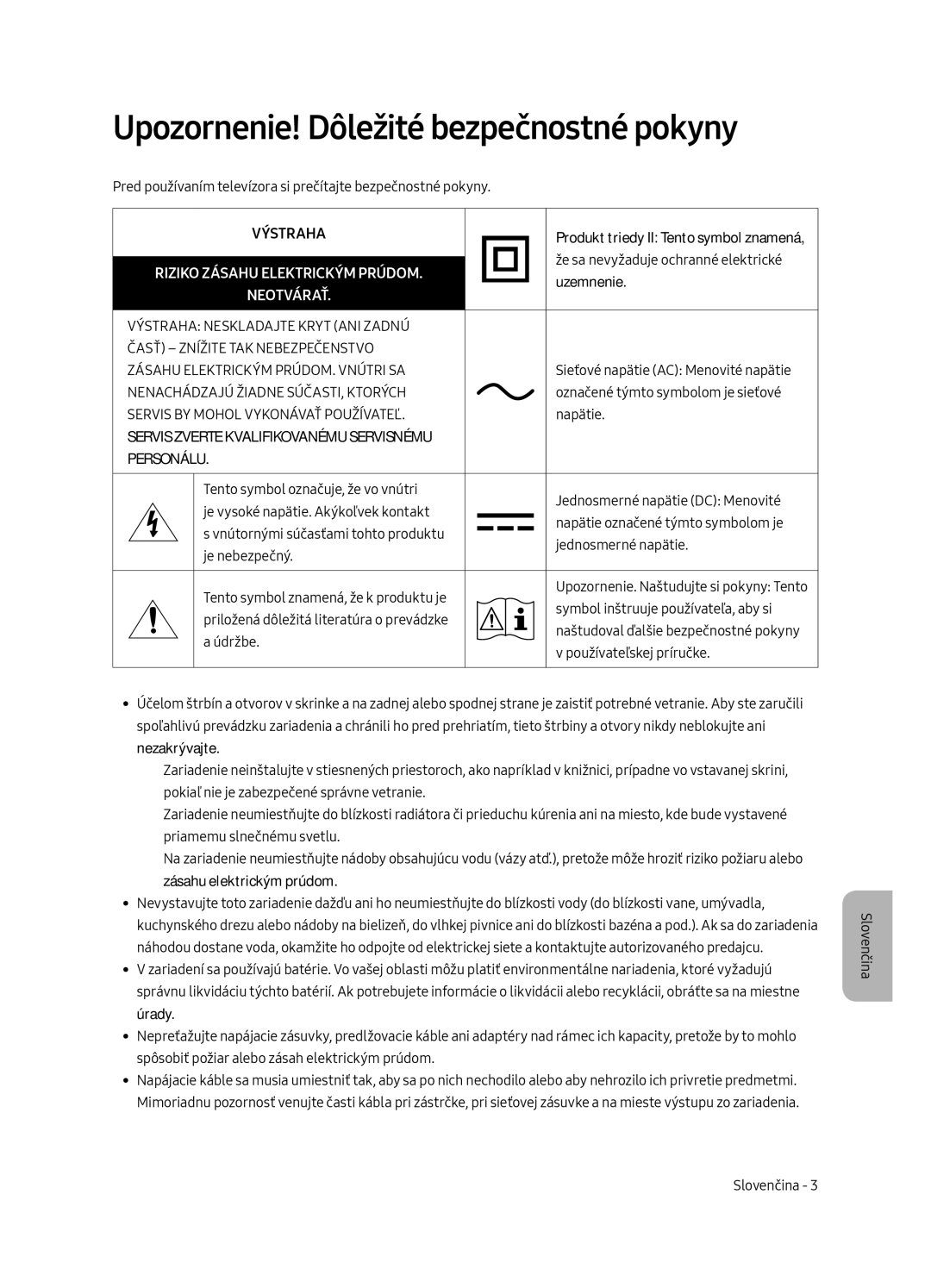 Samsung UE49MU6402UXXH, UE40MU6402UXXH manual Upozornenie! Dôležité bezpečnostné pokyny, Riziko Zásahu Elektrickým Prúdom 