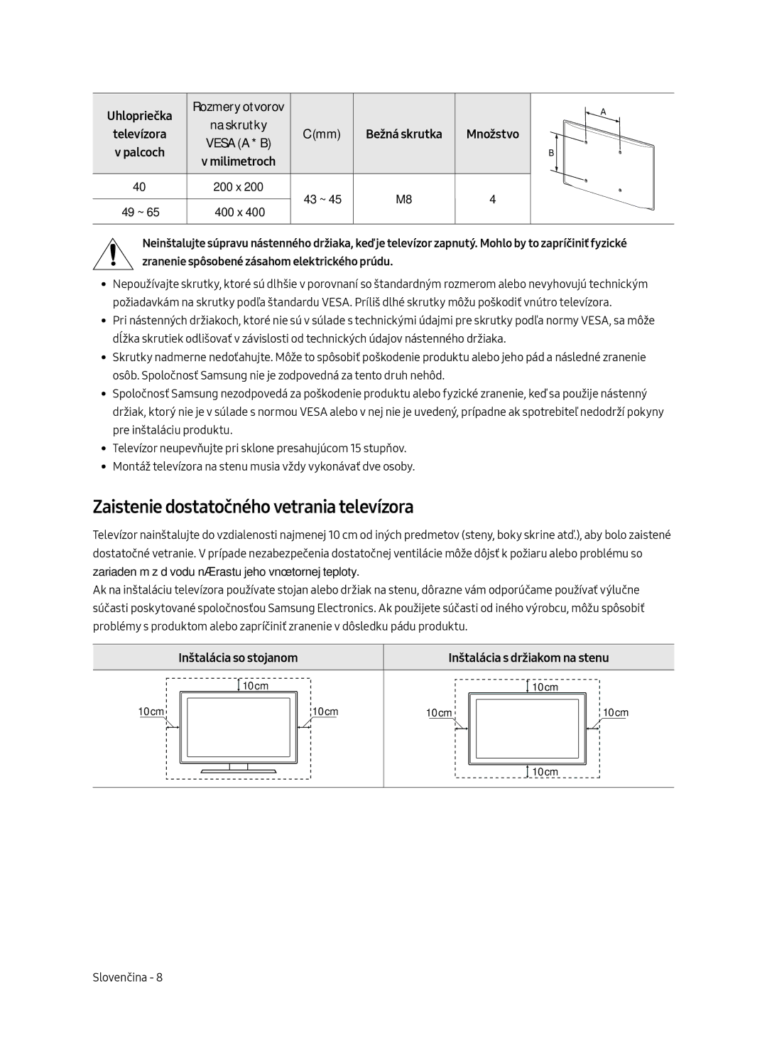 Samsung UE40MU6402UXXH Zaistenie dostatočného vetrania televízora, Inštalácia so stojanom, Inštalácia s držiakom na stenu 