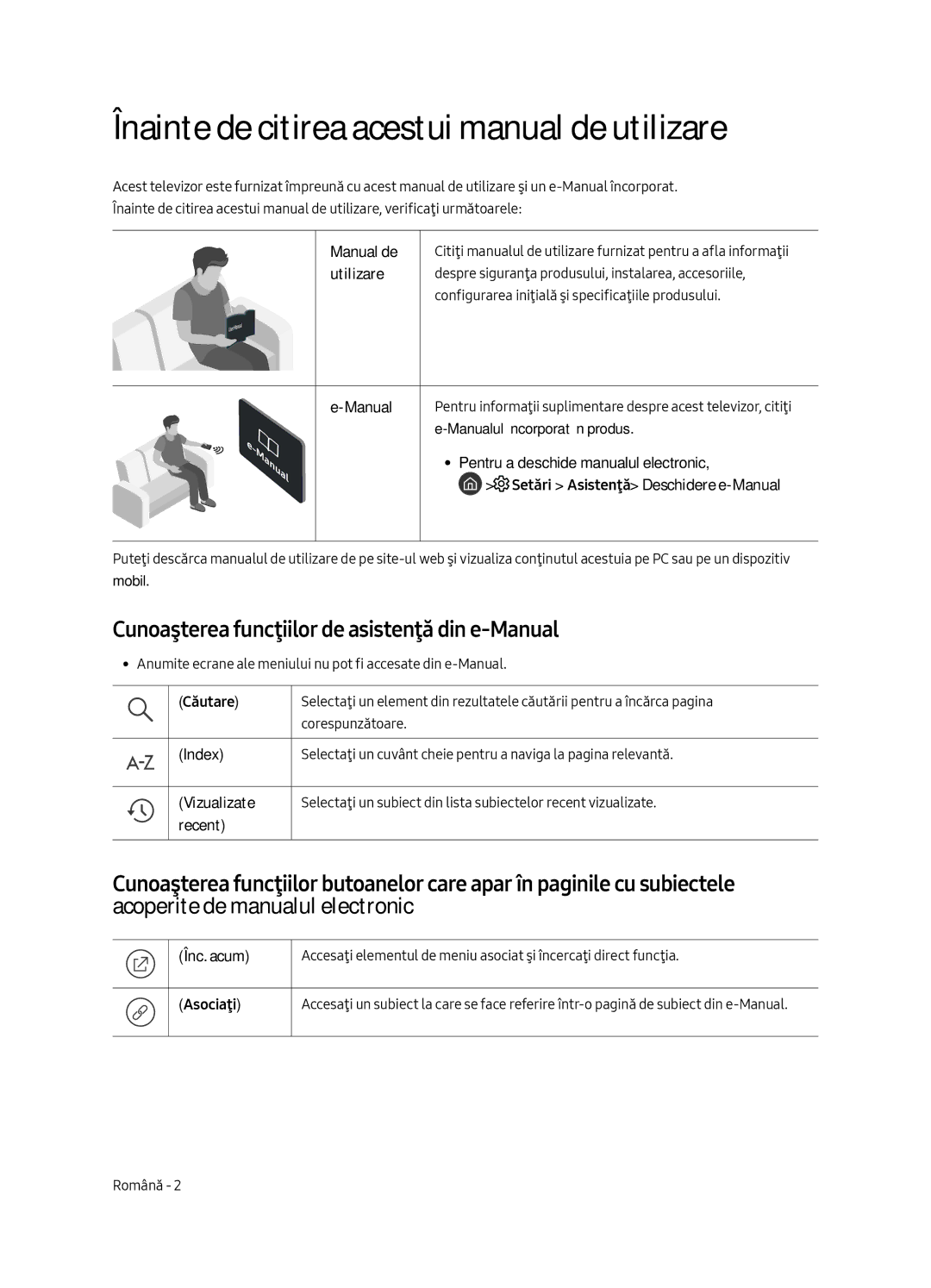 Samsung UE55MU6402UXXH Înainte de citirea acestui manual de utilizare, Cunoaşterea funcţiilor de asistenţă din e-Manual 