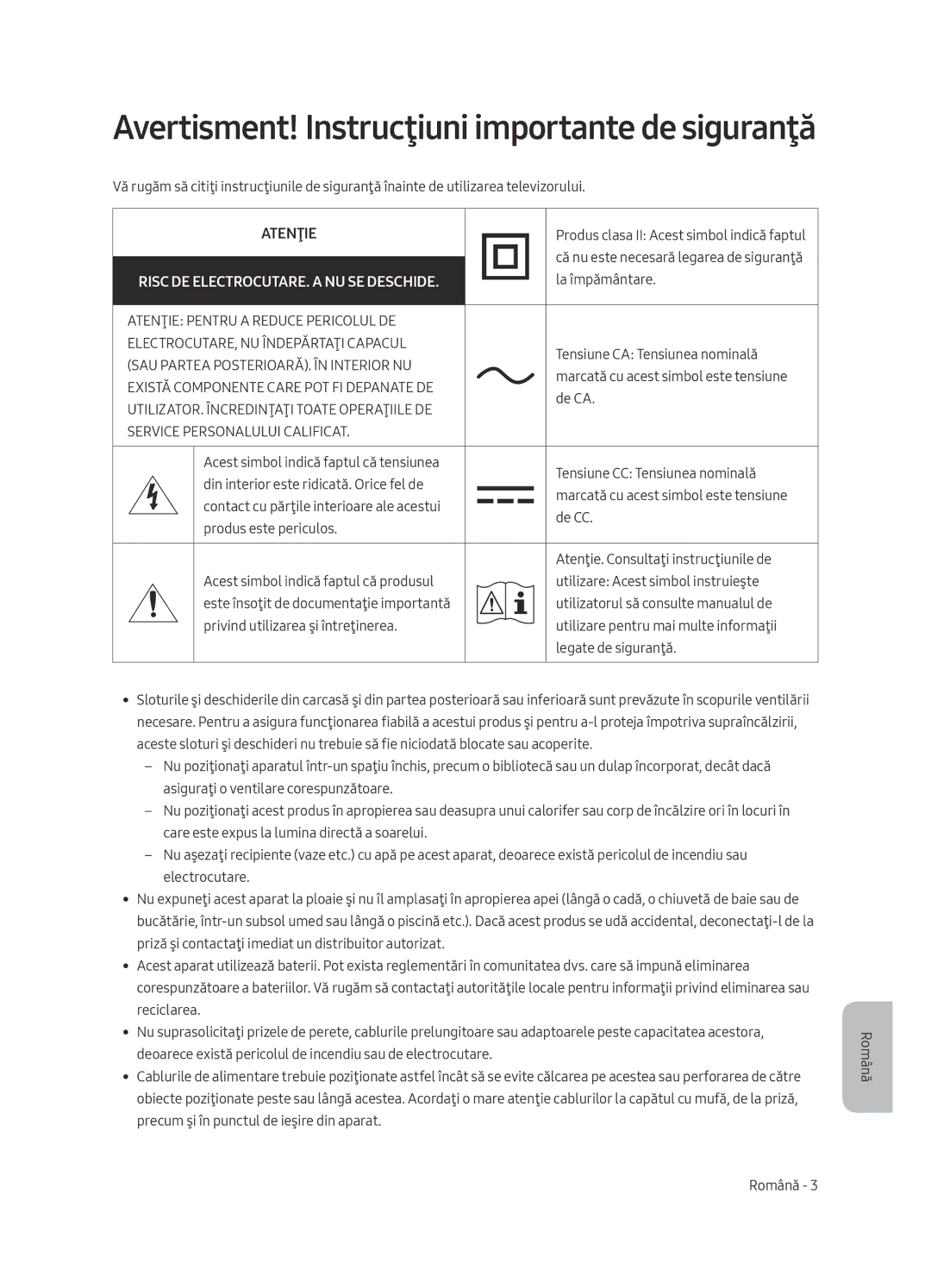 Samsung UE49MU6402UXXH, UE40MU6402UXXH, UE65MU6402UXXH, UE55MU6402UXXH Avertisment! Instrucţiuni importante de siguranţă 