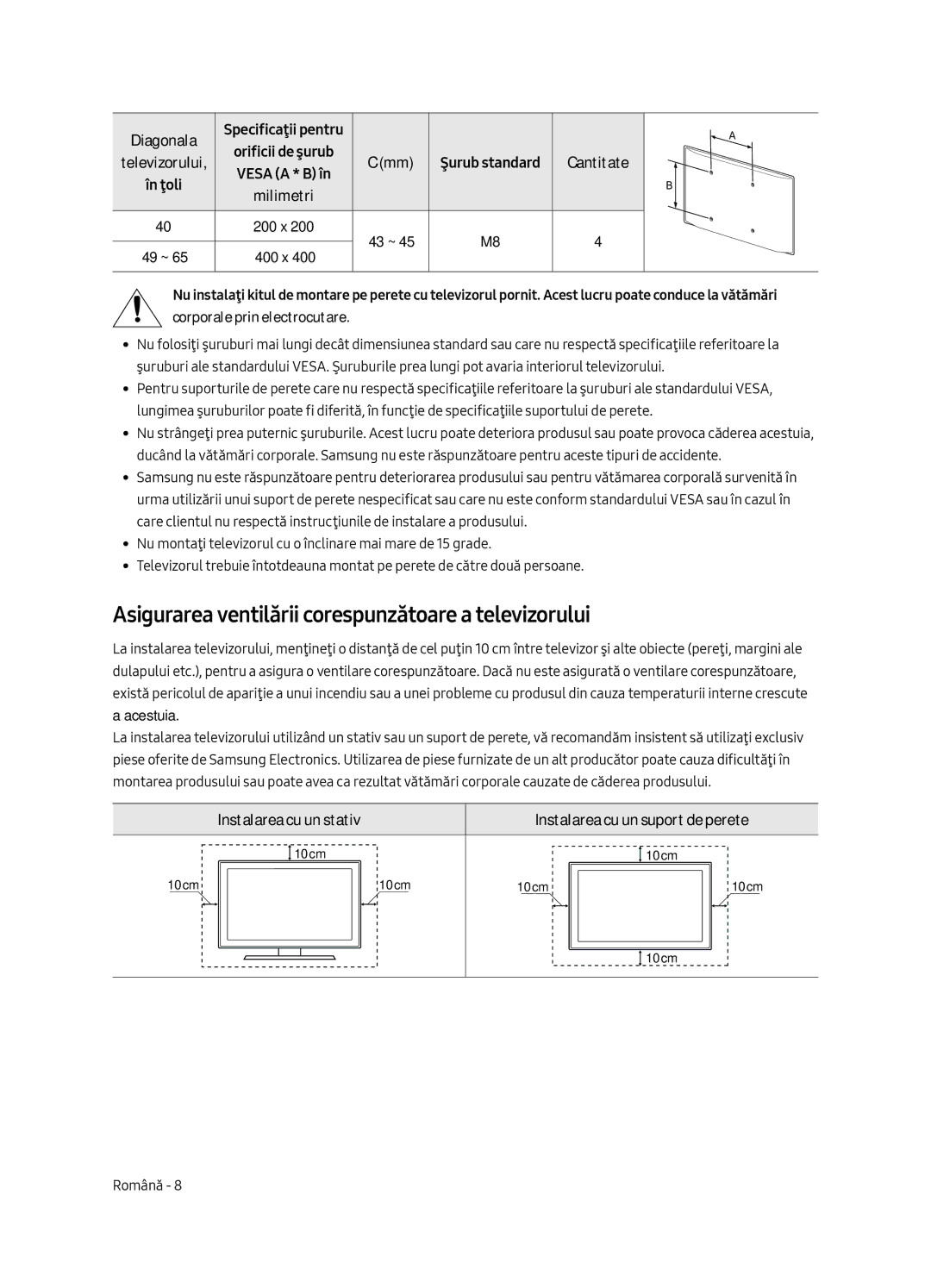 Samsung UE40MU6402UXXH manual Asigurarea ventilării corespunzătoare a televizorului, Instalarea cu un stativ, Diagonala 