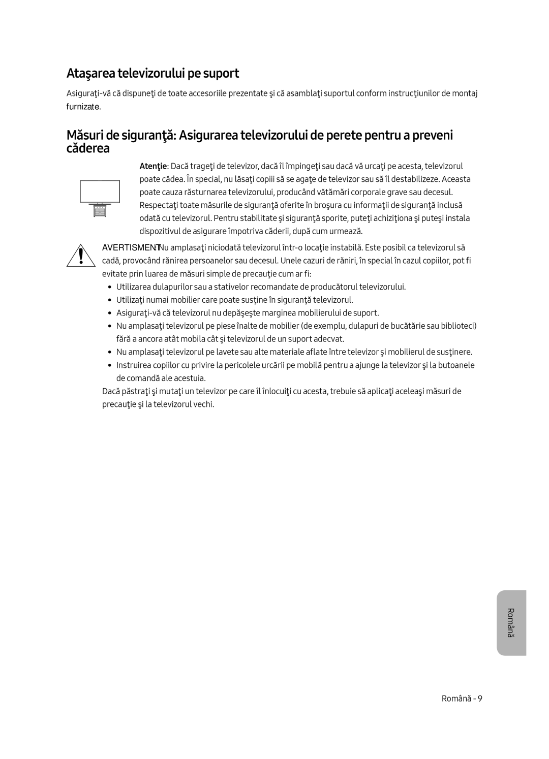 Samsung UE65MU6402UXXH, UE40MU6402UXXH, UE55MU6402UXXH, UE49MU6402UXXH manual Ataşarea televizorului pe suport 