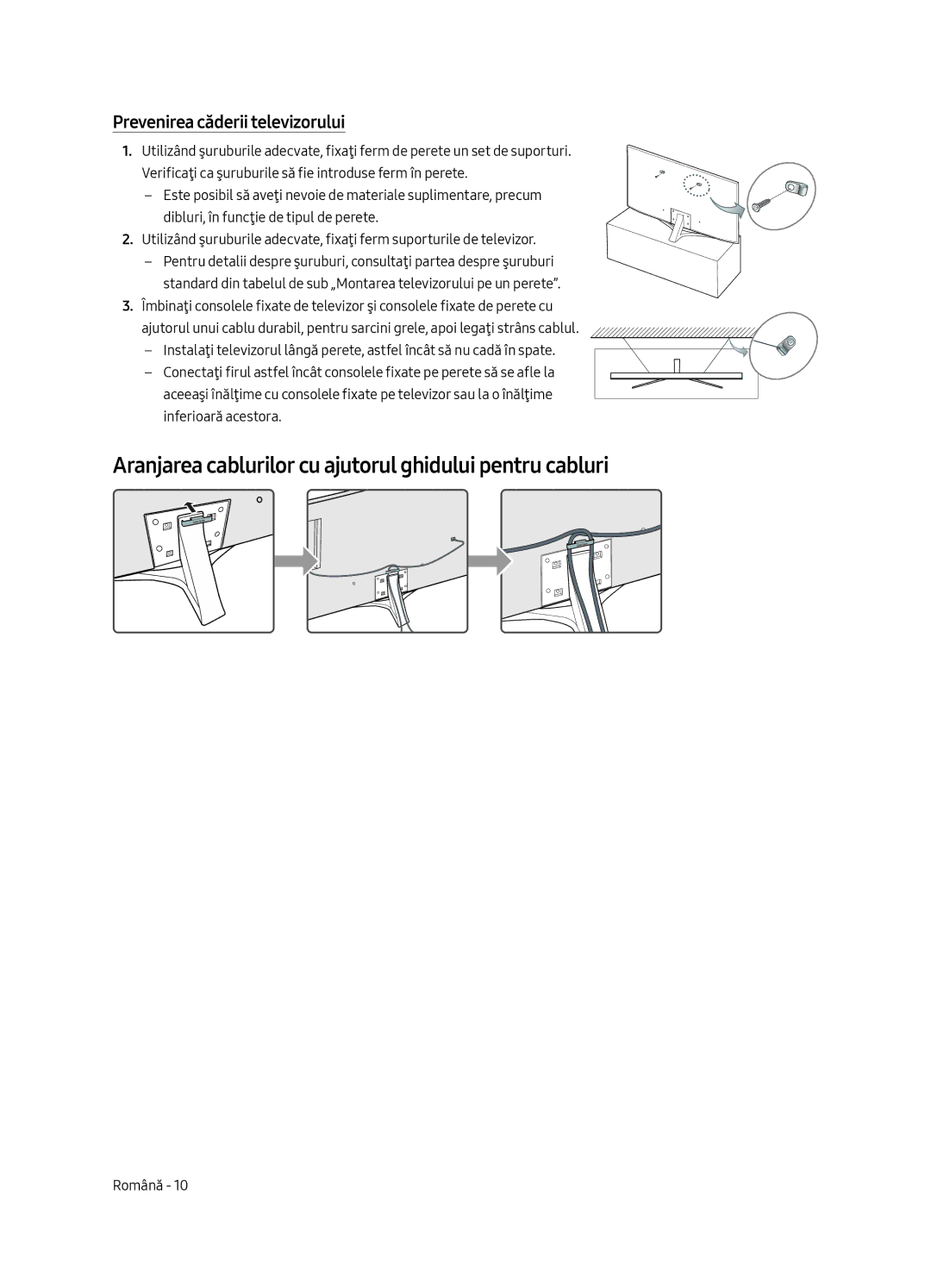 Samsung UE55MU6402UXXH manual Aranjarea cablurilor cu ajutorul ghidului pentru cabluri, Prevenirea căderii televizorului 