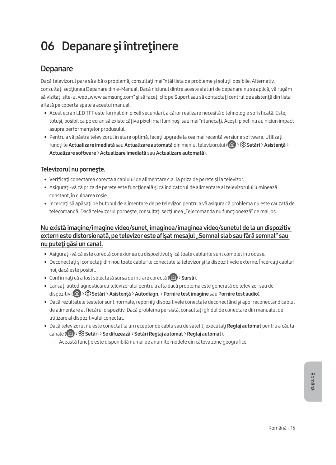 Samsung UE49MU6402UXXH, UE40MU6402UXXH, UE65MU6402UXXH, UE55MU6402UXXH manual Depanare şi întreţinere, Televizorul nu porneşte 