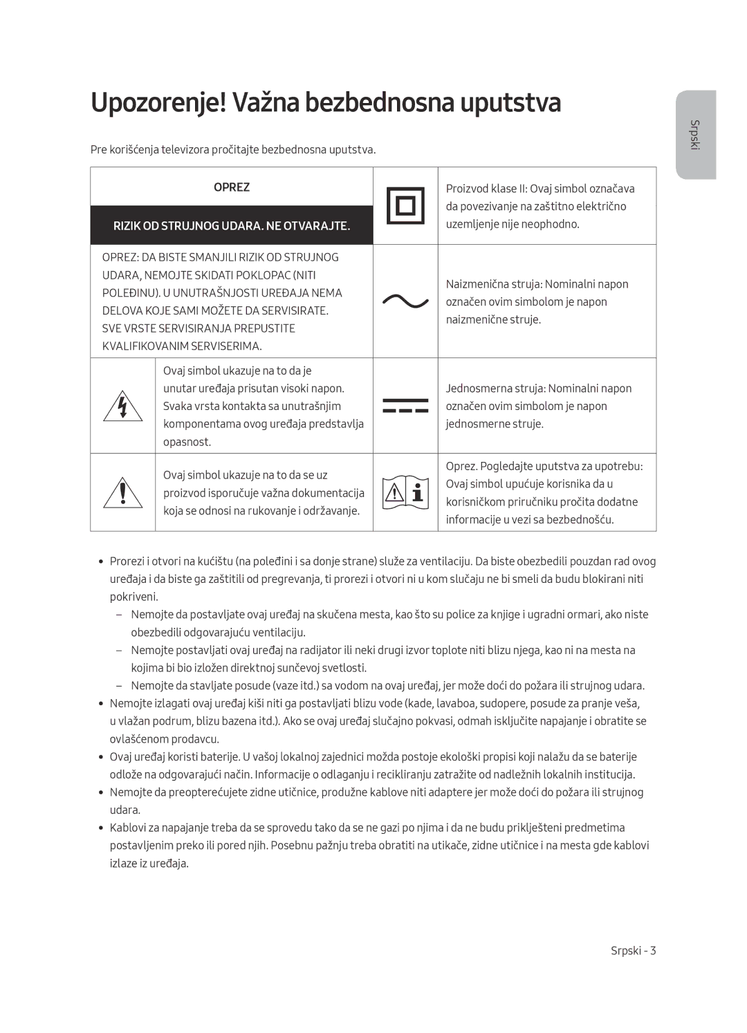 Samsung UE49MU6402UXXH, UE40MU6402UXXH manual Upozorenje! Važna bezbednosna uputstva, Rizik OD Strujnog UDARA. NE Otvarajte 