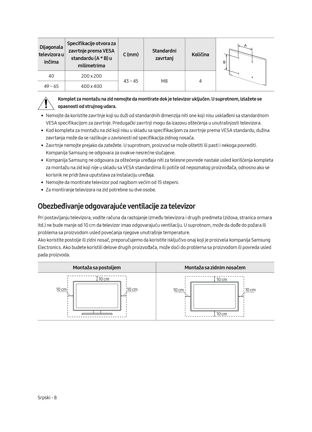 Samsung UE40MU6402UXXH Obezbeđivanje odgovarajuće ventilacije za televizor, Montaža sa postoljem Montaža sa zidnim nosačem 