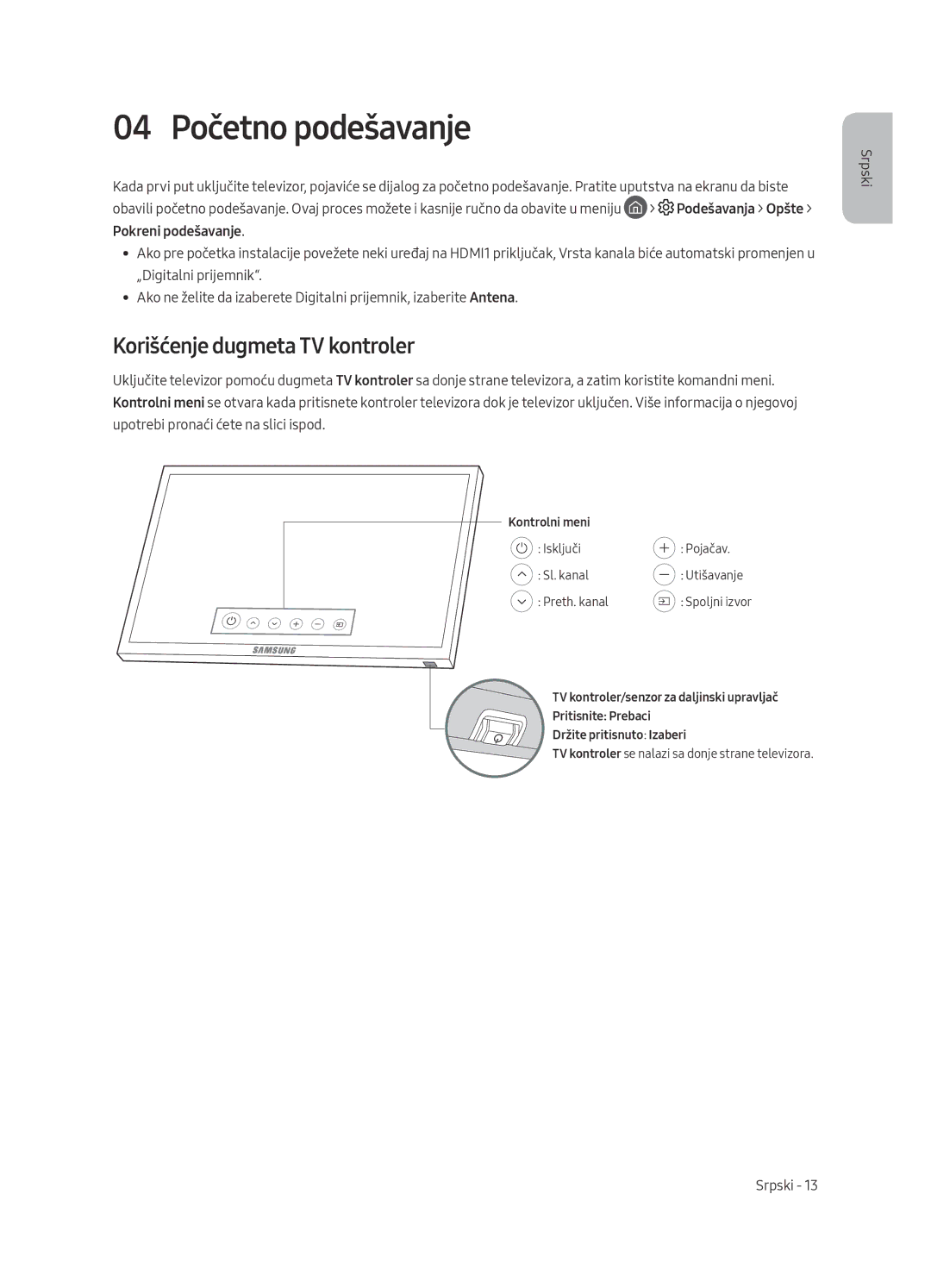 Samsung UE65MU6402UXXH, UE40MU6402UXXH, UE55MU6402UXXH manual 04 Početno podešavanje, Korišćenje dugmeta TV kontroler 