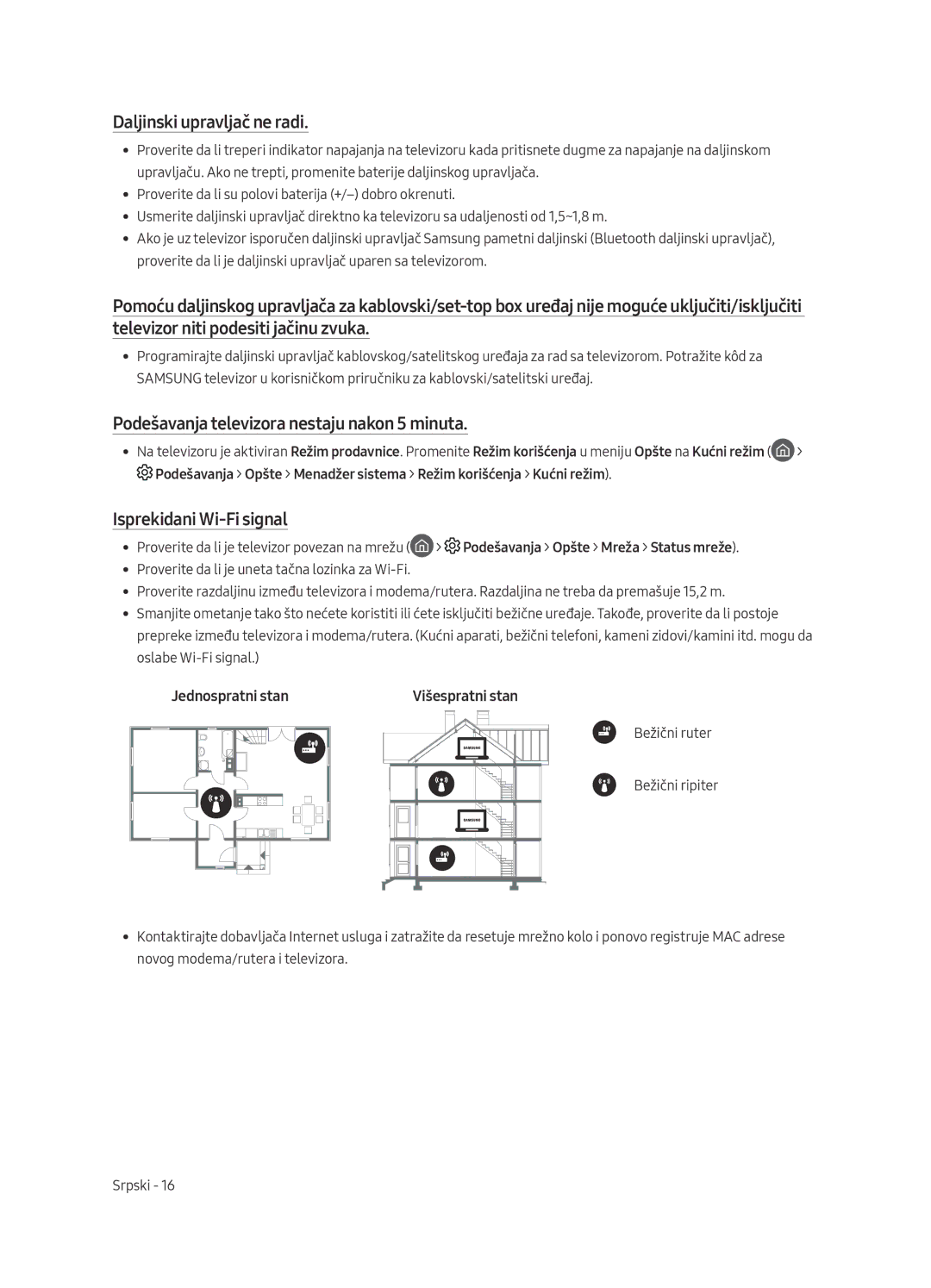 Samsung UE40MU6402UXXH, UE65MU6402UXXH manual Podešavanja televizora nestaju nakon 5 minuta, Isprekidani Wi-Fi signal 