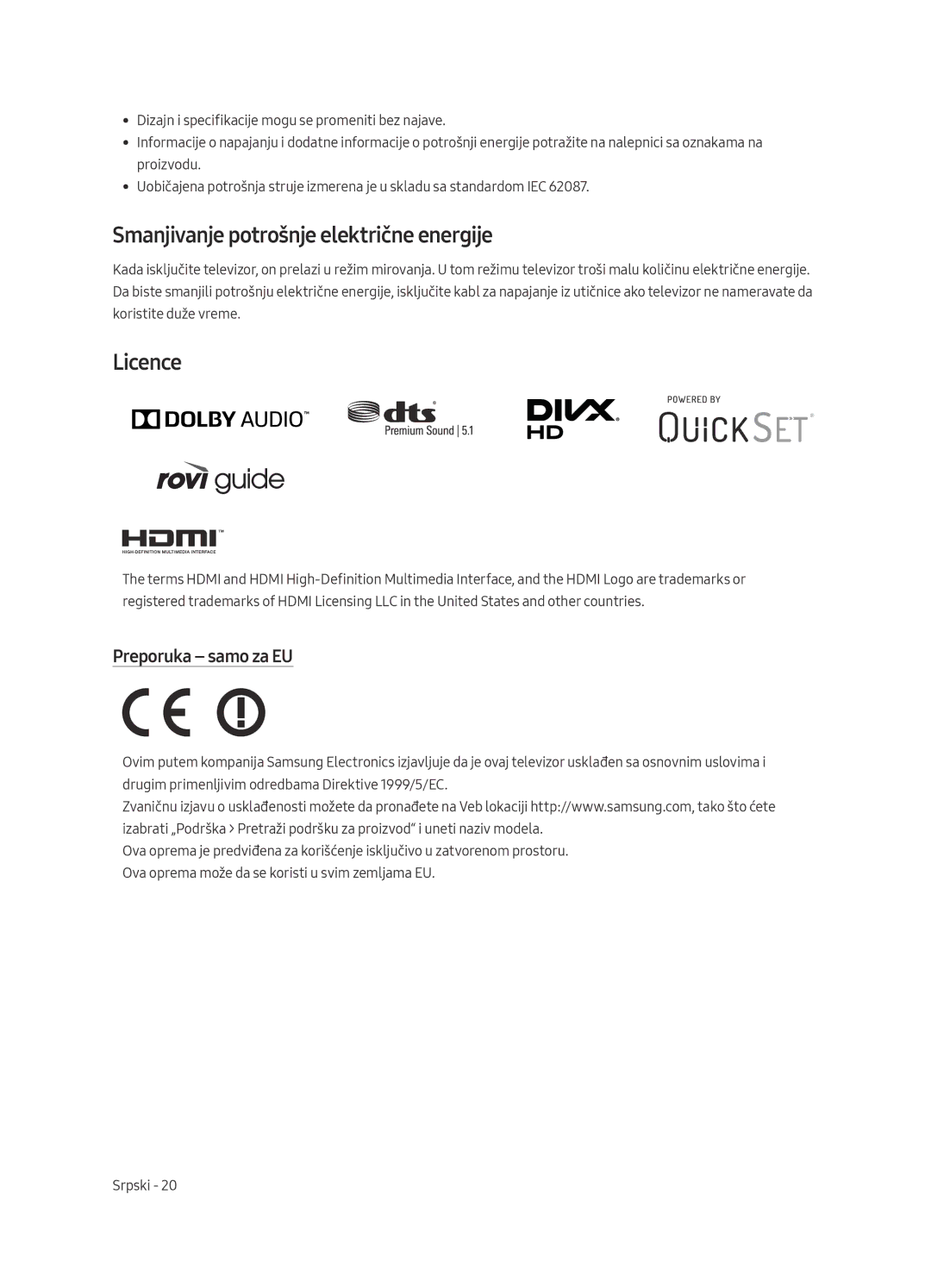 Samsung UE40MU6402UXXH, UE65MU6402UXXH, UE55MU6402UXXH, UE49MU6402UXXH Smanjivanje potrošnje električne energije, Licence 