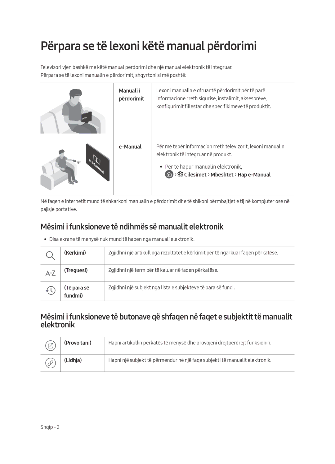 Samsung UE55MU6402UXXH Përpara se të lexoni këtë manual përdorimi, Mësimi i funksioneve të ndihmës së manualit elektronik 