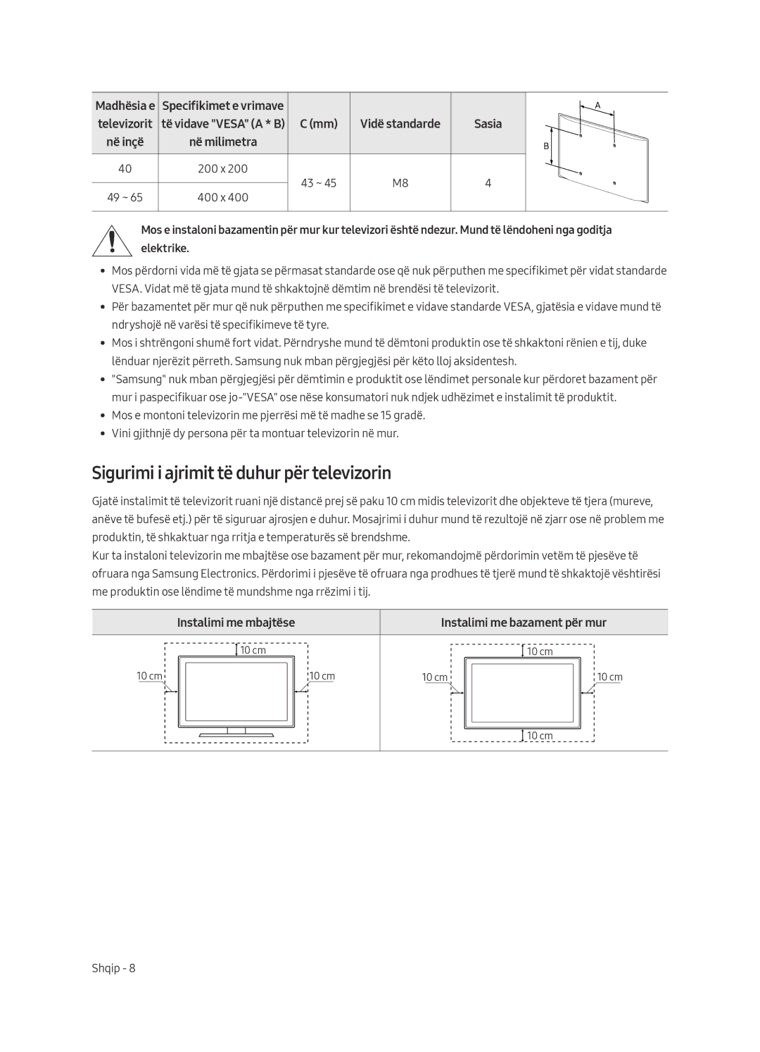 Samsung UE40MU6402UXXH manual Sigurimi i ajrimit të duhur për televizorin, Në inçë Në milimetra, Instalimi me mbajtëse 