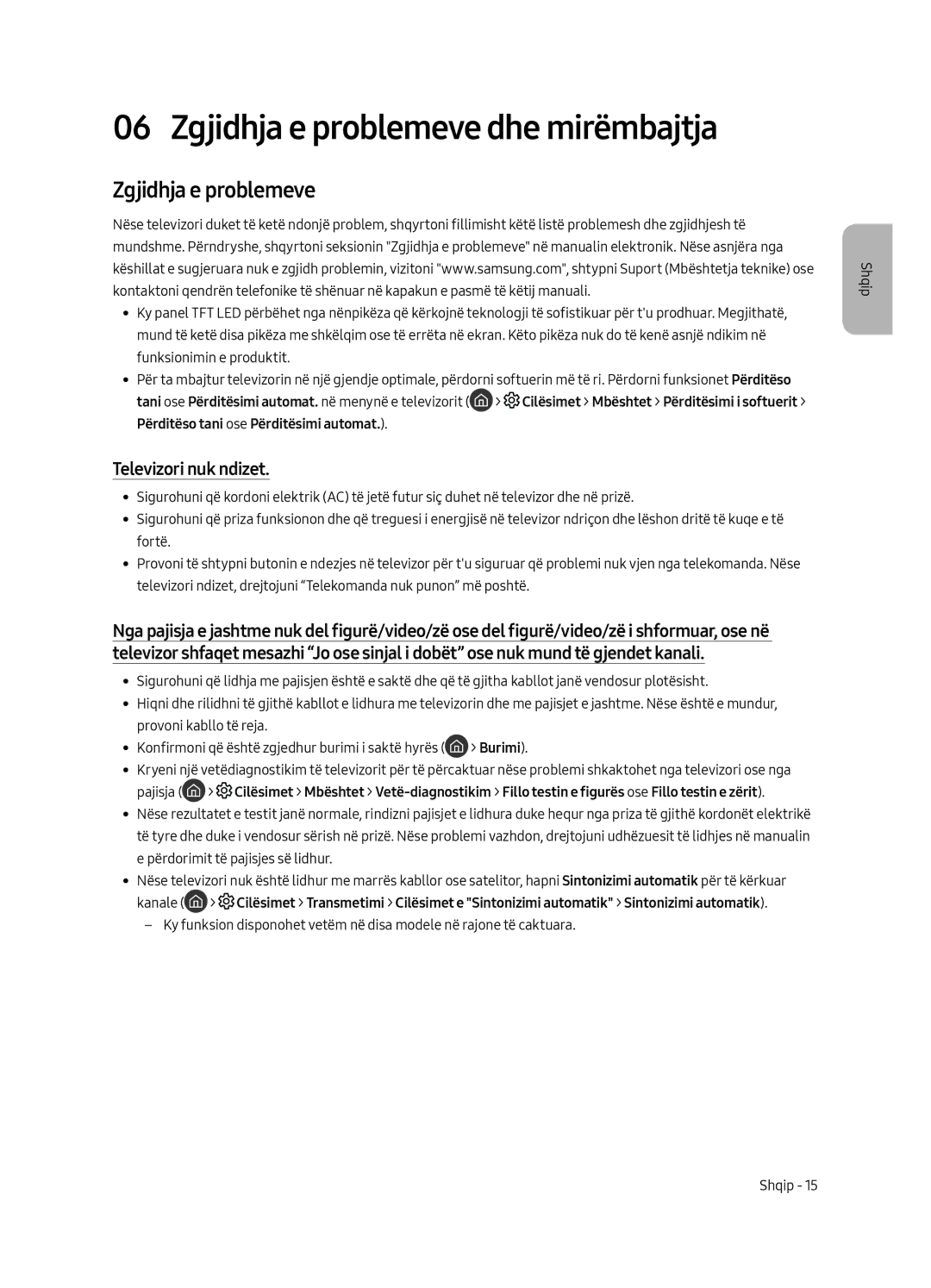 Samsung UE49MU6402UXXH, UE40MU6402UXXH, UE65MU6402UXXH manual Zgjidhja e problemeve dhe mirëmbajtja, Televizori nuk ndizet 