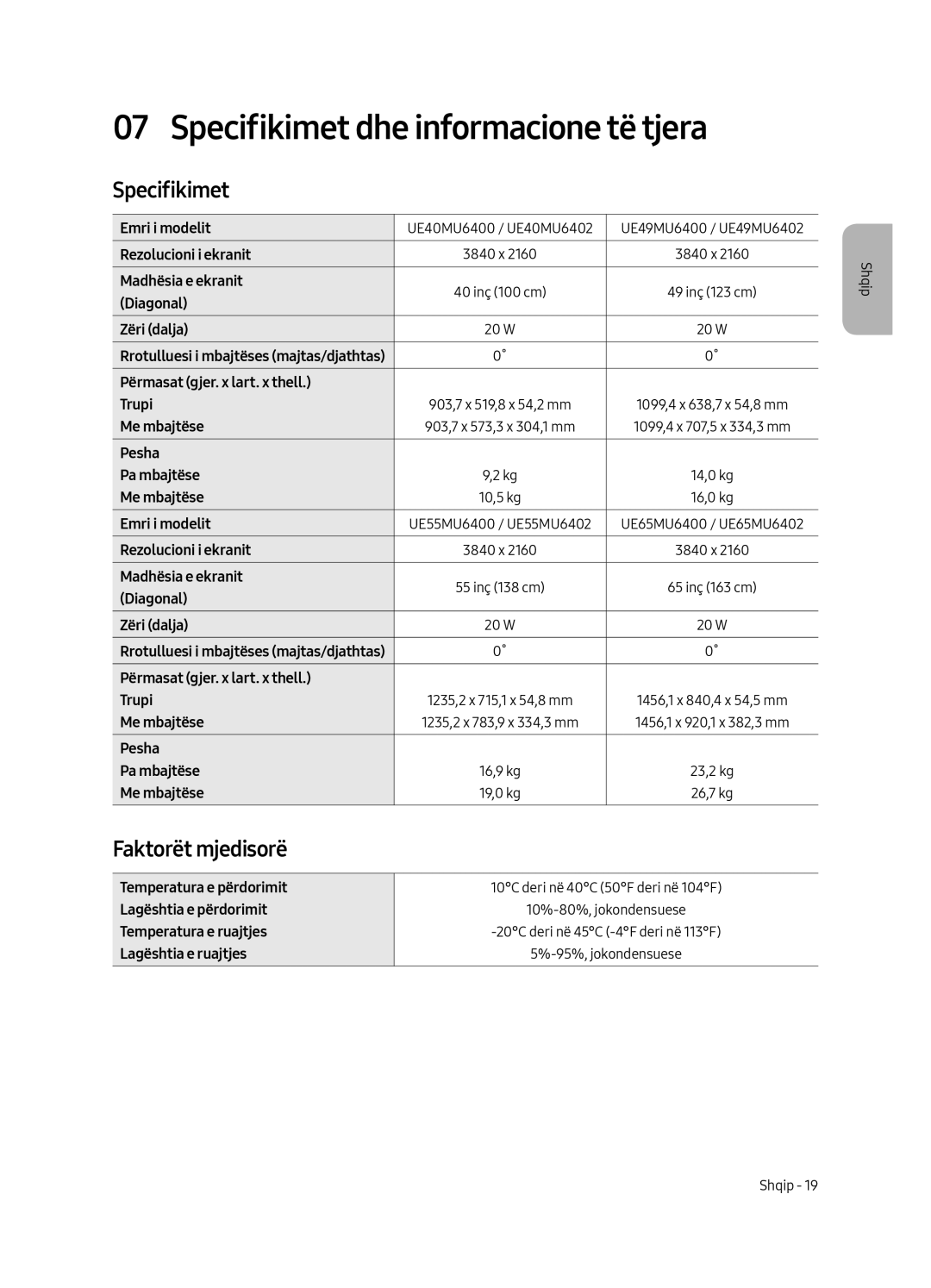 Samsung UE49MU6402UXXH, UE40MU6402UXXH, UE65MU6402UXXH manual Specifikimet dhe informacione të tjera, Faktorët mjedisorë 