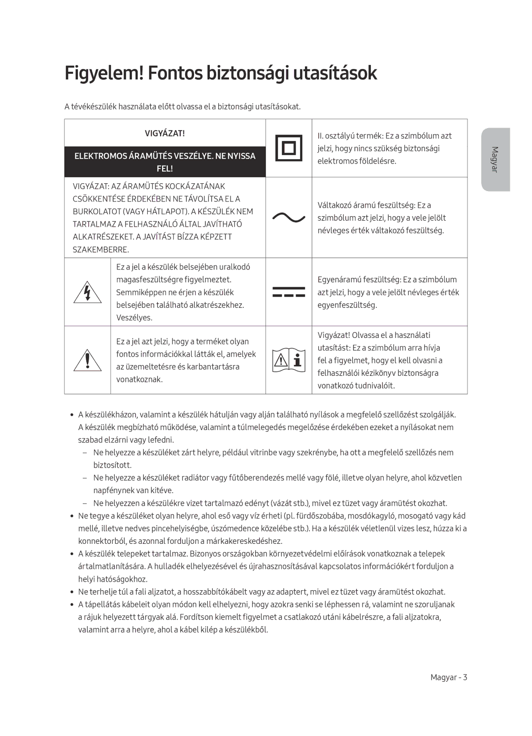 Samsung UE49MU6402UXXH, UE40MU6402UXXH, UE65MU6402UXXH, UE55MU6402UXXH manual Figyelem! Fontos biztonsági utasítások, Vigyázat 