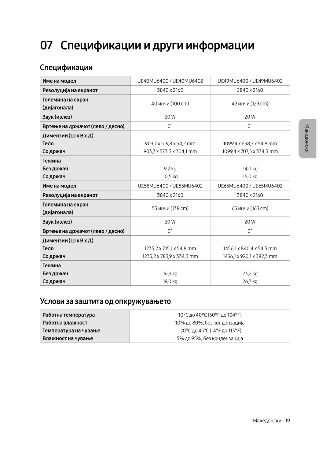 Samsung UE49MU6402UXXH, UE40MU6402UXXH manual 07 Спецификации и други информации, Услови за заштита од опкружувањето 