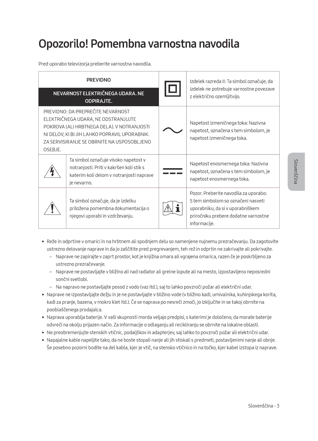 Samsung UE49MU6402UXXH, UE40MU6402UXXH manual Opozorilo! Pomembna varnostna navodila, Nevarnost Električnega UDARA. NE 