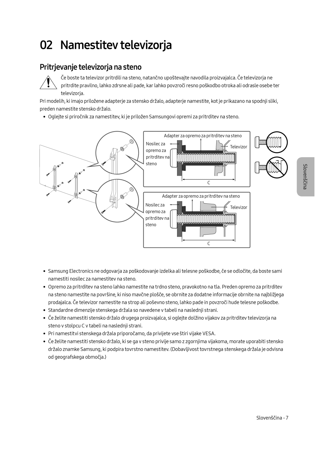 Samsung UE49MU6402UXXH, UE40MU6402UXXH, UE65MU6402UXXH manual Namestitev televizorja, Pritrjevanje televizorja na steno 