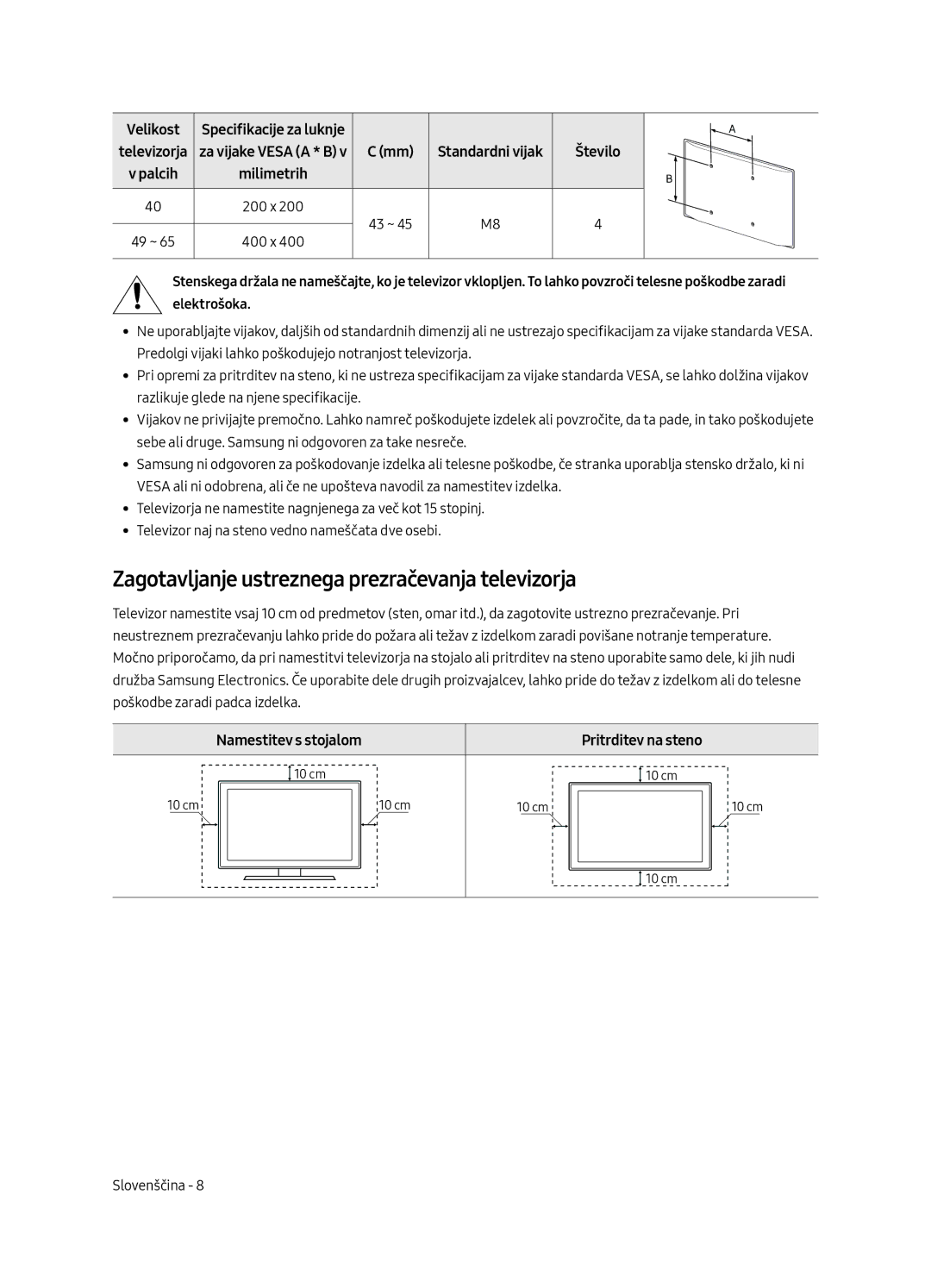 Samsung UE40MU6402UXXH manual Zagotavljanje ustreznega prezračevanja televizorja, Namestitev s stojalom Pritrditev na steno 