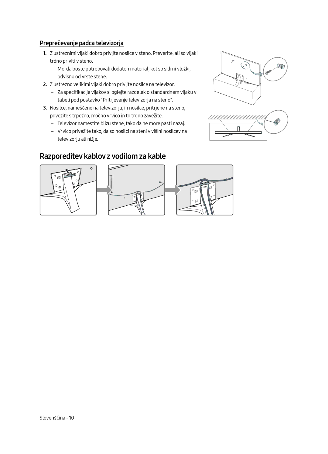 Samsung UE55MU6402UXXH, UE40MU6402UXXH manual Razporeditev kablov z vodilom za kable, Preprečevanje padca televizorja 