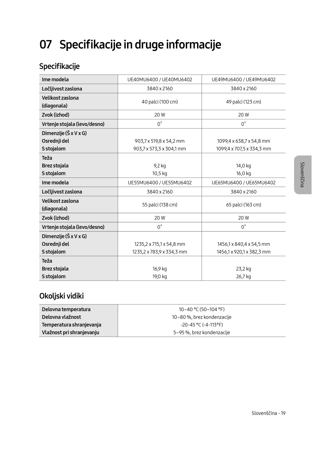 Samsung UE49MU6402UXXH, UE40MU6402UXXH, UE65MU6402UXXH, UE55MU6402UXXH Specifikacije in druge informacije, Okoljski vidiki 