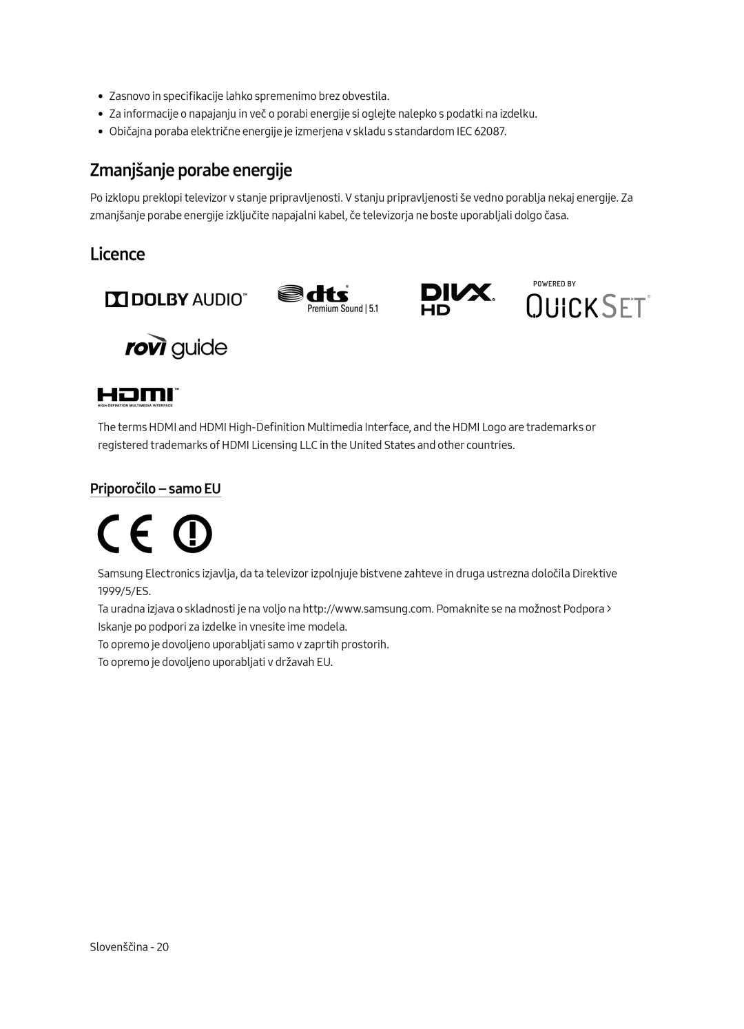 Samsung UE40MU6402UXXH, UE65MU6402UXXH, UE55MU6402UXXH, UE49MU6402UXXH manual Zmanjšanje porabe energije, Priporočilo samo EU 