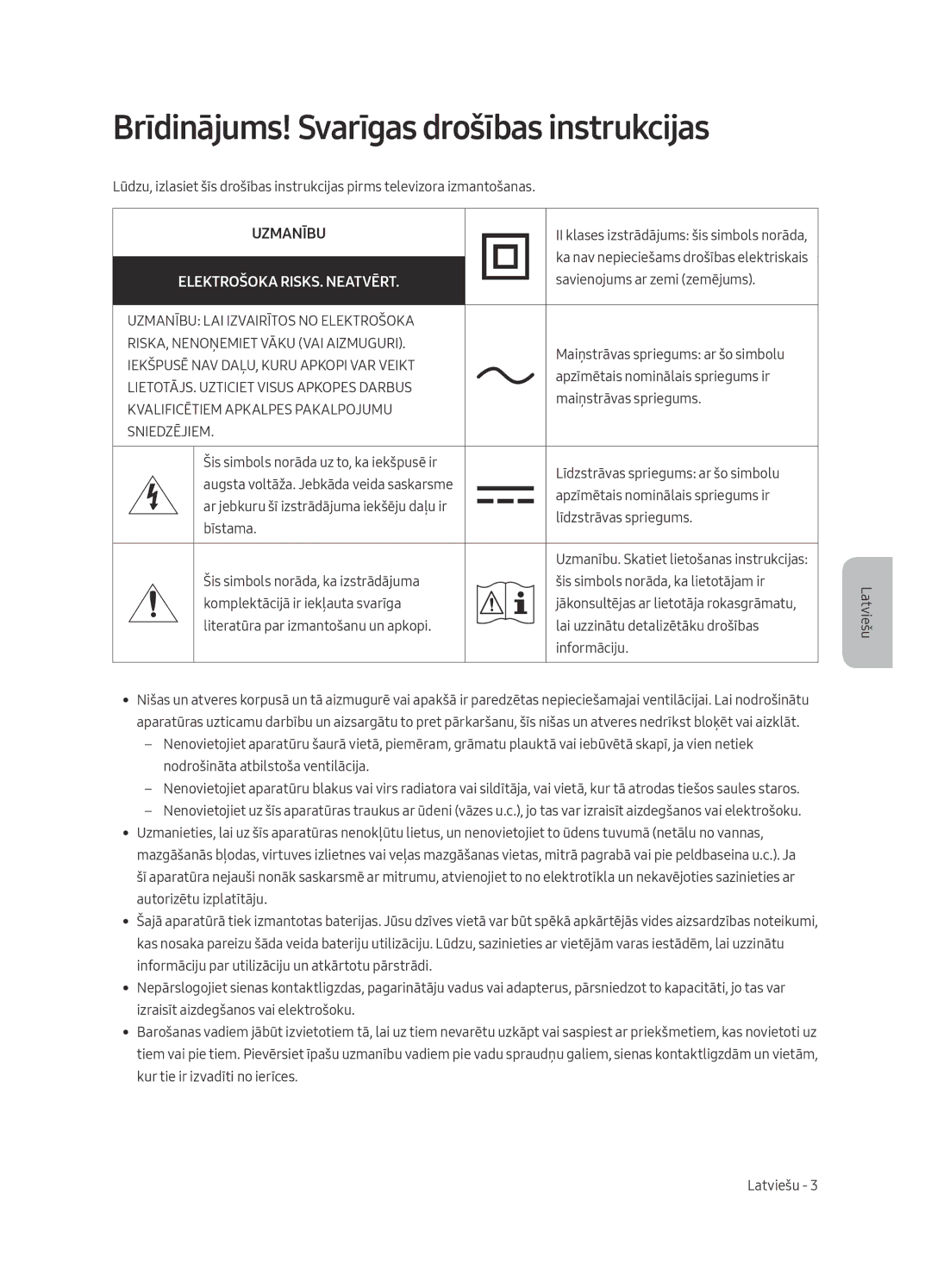 Samsung UE49MU6402UXXH, UE40MU6402UXXH manual Brīdinājums! Svarīgas drošības instrukcijas, Elektrošoka RISKS. Neatvērt 