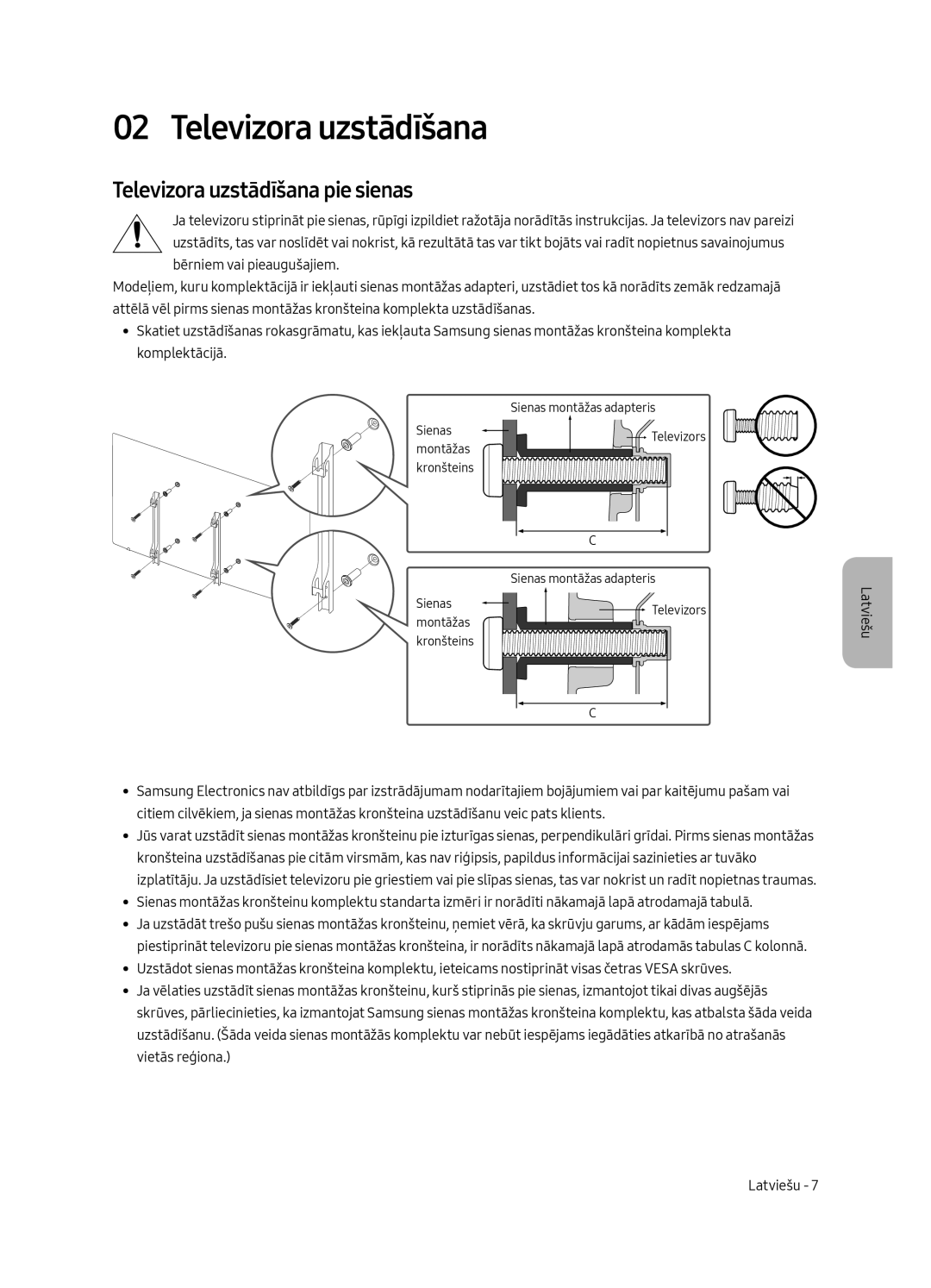 Samsung UE49MU6402UXXH, UE40MU6402UXXH, UE65MU6402UXXH, UE55MU6402UXXH manual Televizora uzstādīšana pie sienas 