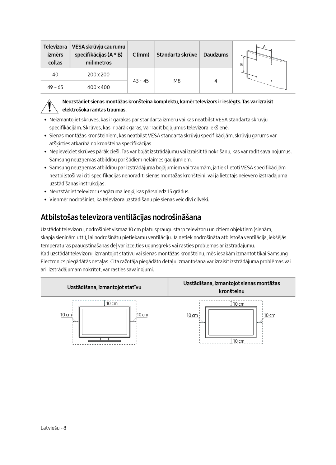 Samsung UE40MU6402UXXH, UE65MU6402UXXH Atbilstošas televizora ventilācijas nodrošināšana, Uzstādīšana, izmantojot statīvu 