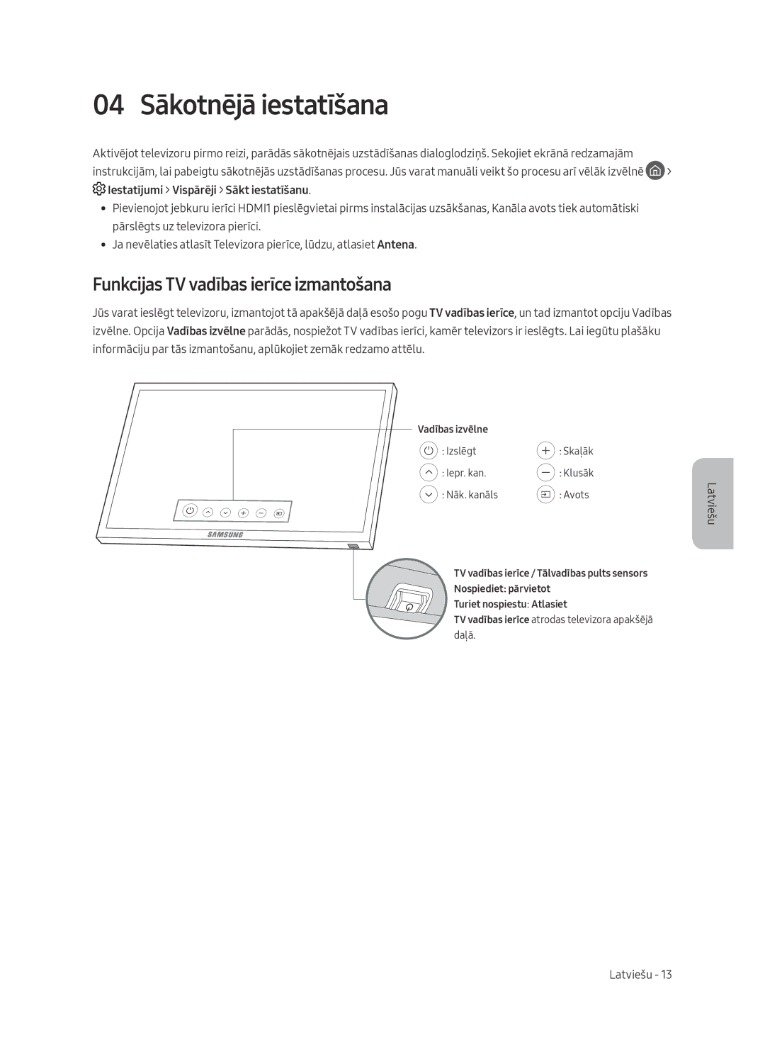 Samsung UE65MU6402UXXH, UE40MU6402UXXH, UE55MU6402UXXH 04 Sākotnējā iestatīšana, Funkcijas TV vadības ierīce izmantošana 