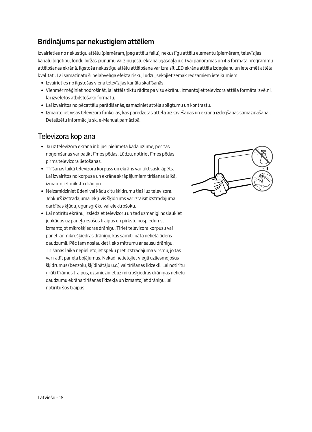 Samsung UE55MU6402UXXH, UE40MU6402UXXH, UE65MU6402UXXH manual Brīdinājums par nekustīgiem attēliem, Televizora kopšana 