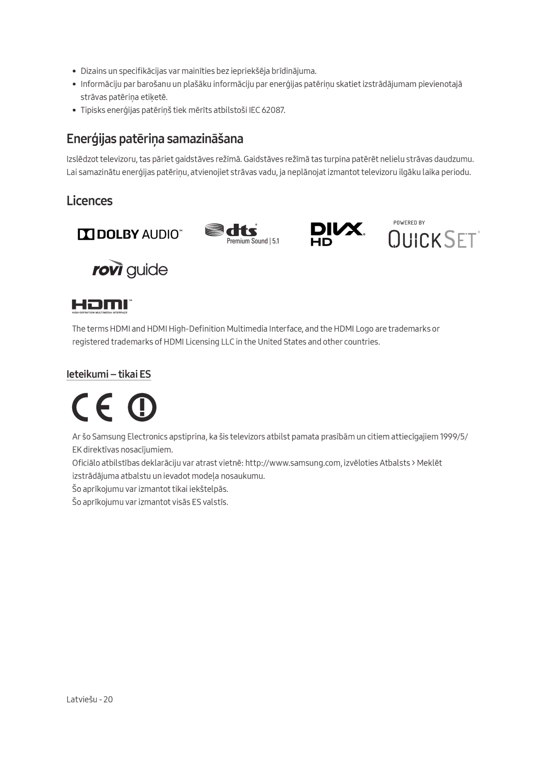 Samsung UE40MU6402UXXH, UE65MU6402UXXH, UE55MU6402UXXH, UE49MU6402UXXH Enerģijas patēriņa samazināšana, Ieteikumi tikai ES 