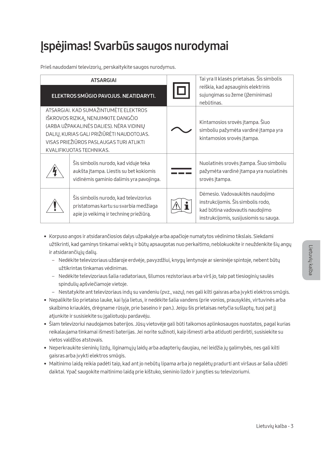 Samsung UE49MU6402UXXH, UE40MU6402UXXH, UE65MU6402UXXH, UE55MU6402UXXH manual Įspėjimas! Svarbūs saugos nurodymai, Atsargiai 