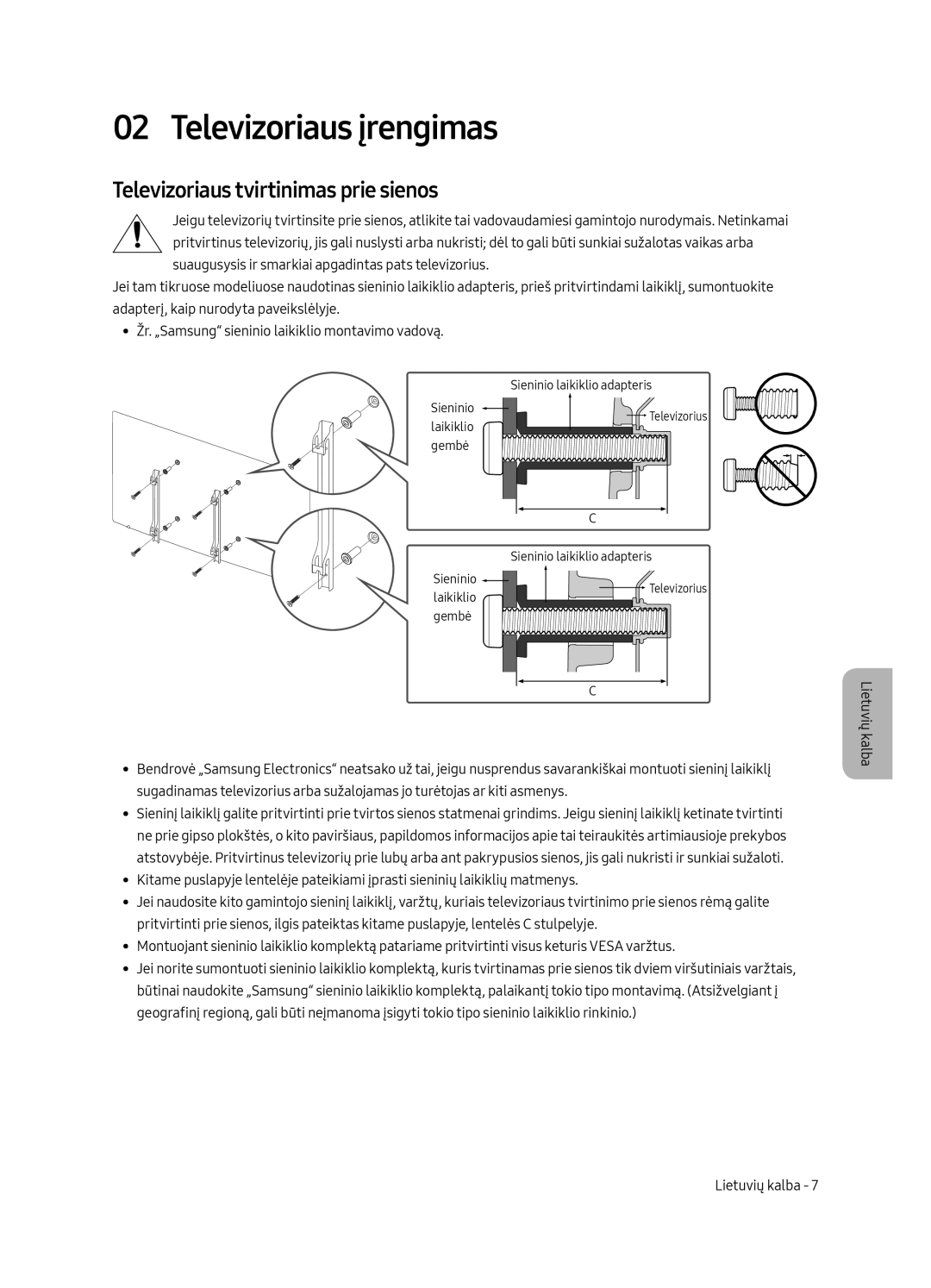 Samsung UE49MU6402UXXH, UE40MU6402UXXH, UE65MU6402UXXH manual Televizoriaus įrengimas, Televizoriaus tvirtinimas prie sienos 