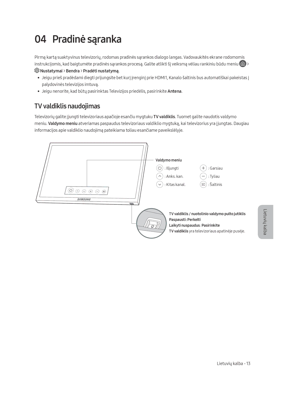 Samsung UE65MU6402UXXH, UE40MU6402UXXH, UE55MU6402UXXH, UE49MU6402UXXH manual Pradinė sąranka, TV valdiklis naudojimas 