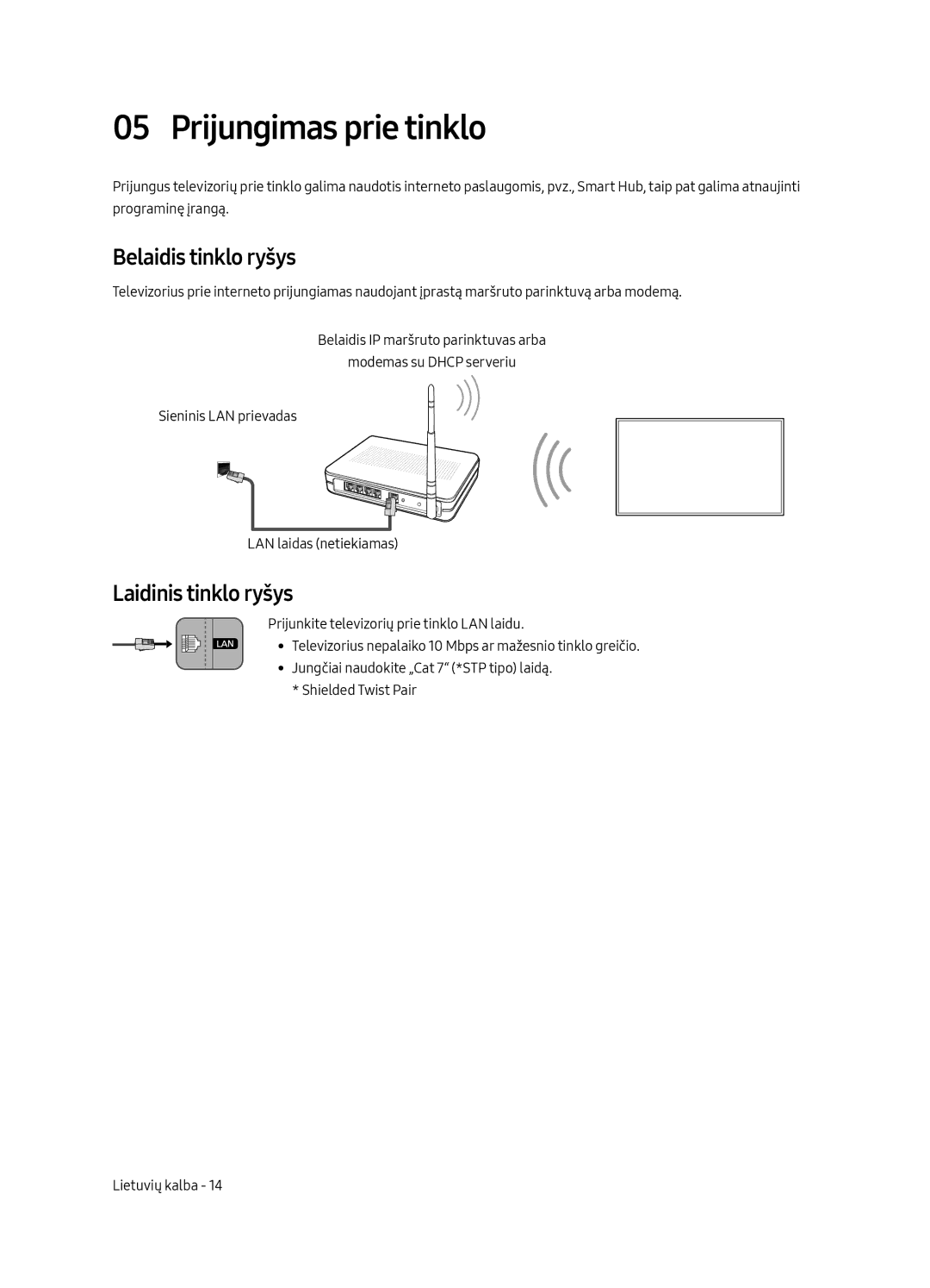 Samsung UE55MU6402UXXH, UE40MU6402UXXH manual Prijungimas prie tinklo, Belaidis tinklo ryšys, Laidinis tinklo ryšys 