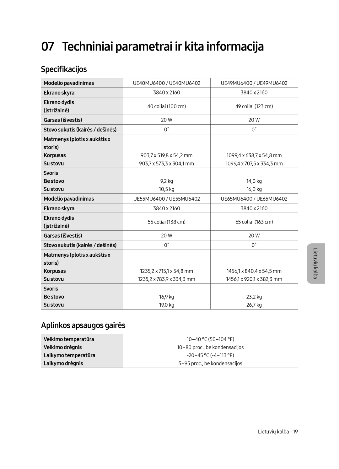 Samsung UE49MU6402UXXH, UE40MU6402UXXH Techniniai parametrai ir kita informacija, Specifikacijos, Aplinkos apsaugos gairės 