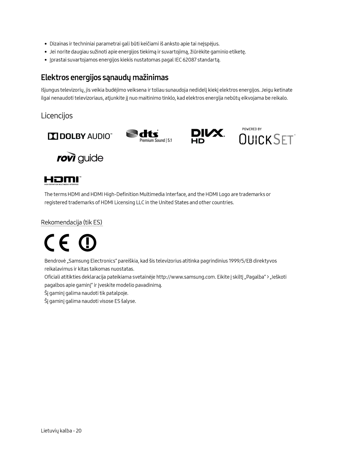 Samsung UE40MU6402UXXH, UE65MU6402UXXH manual Elektros energijos sąnaudų mažinimas, Licencijos, Rekomendacija tik ES 